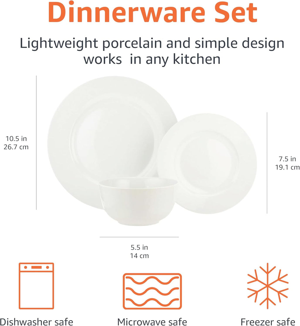 Porcelain Dinnerware Set, Microwave and Dishwasher Safe, Service for 6, 18-Piece, Plates, Bowls, White