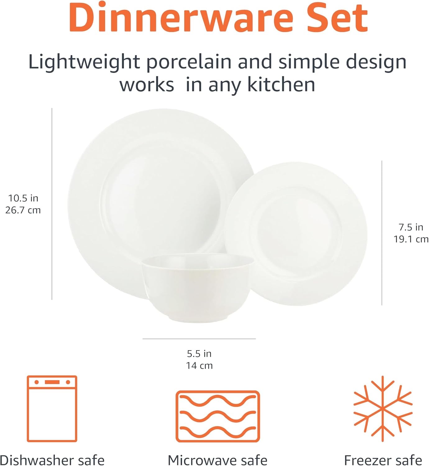 Porcelain Dinnerware Set, Microwave and Dishwasher Safe, Service for 6, 18-Piece, Plates, Bowls, White