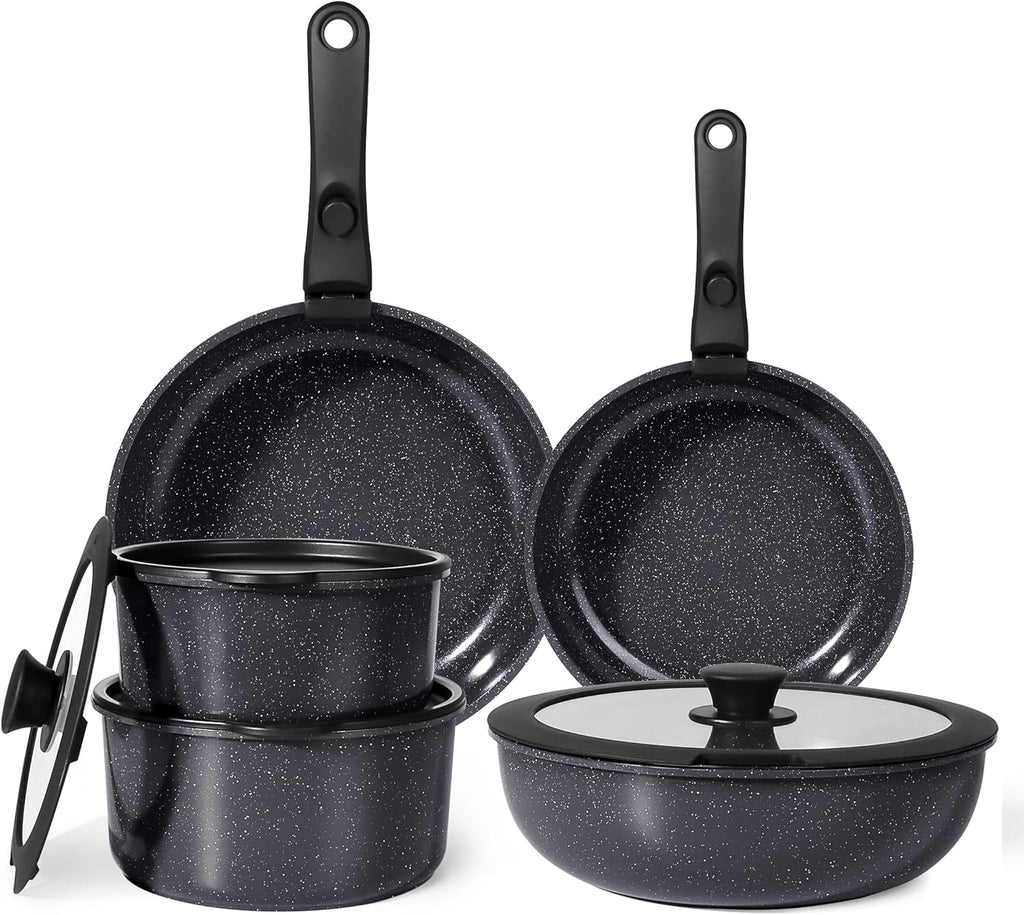 Ceramic Pots and Pans Set Non Stick, 11 Piece Nonstick Detachable Handle Cookware Sets, Non Toxic Induction Kitchen Pot and Pan with Removable Handle, Healthy RV Cookware, Dishwasher ＆Oven Safe
