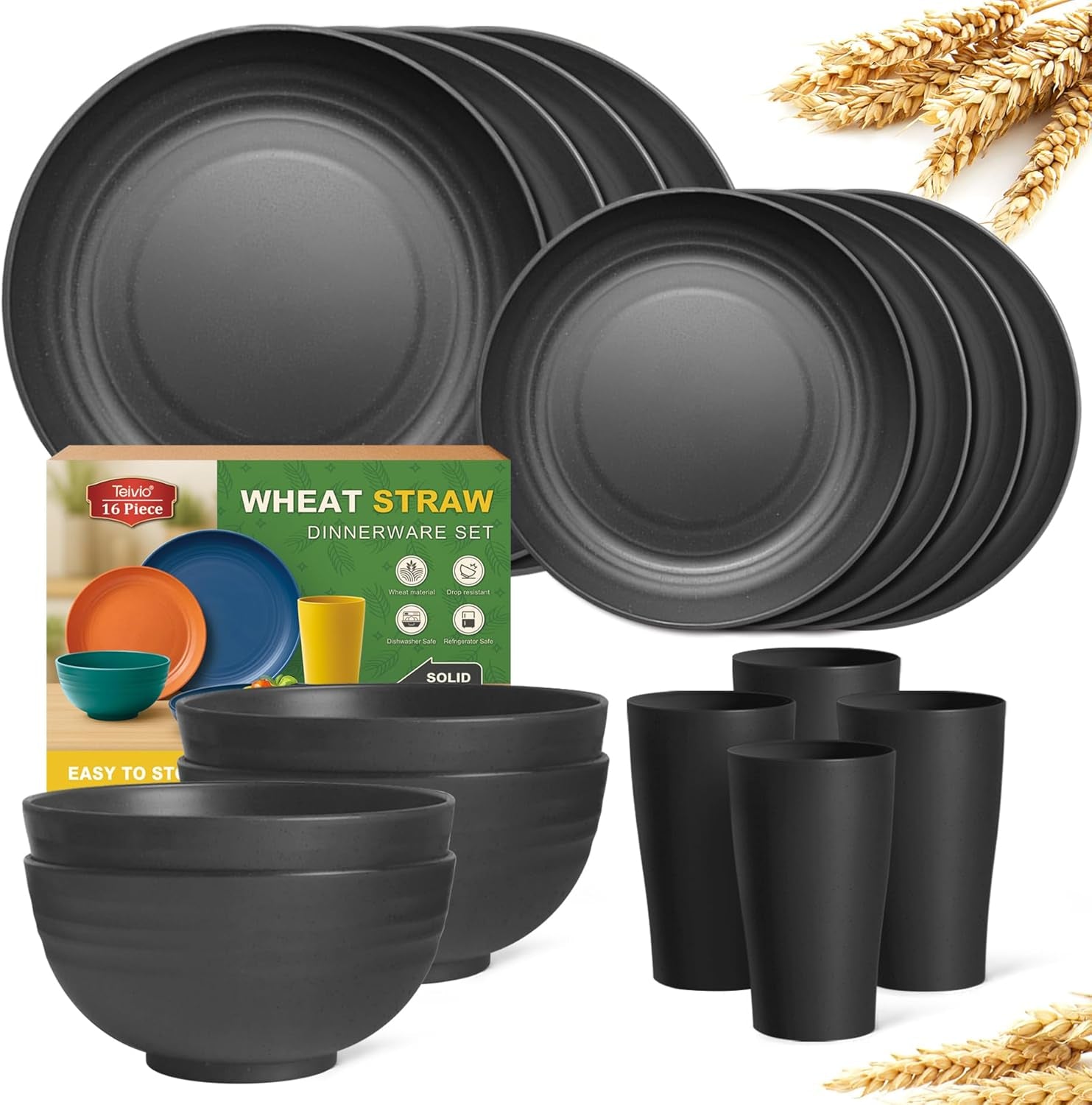 16-Piece Kitchen Plastic Wheat Straw Dinnerware Set, Service for 4, Dinner Plates, Dessert Plate, Cereal Bowls, Cups, Unbreakable Plastic Outdoor Camping Dishes, Black