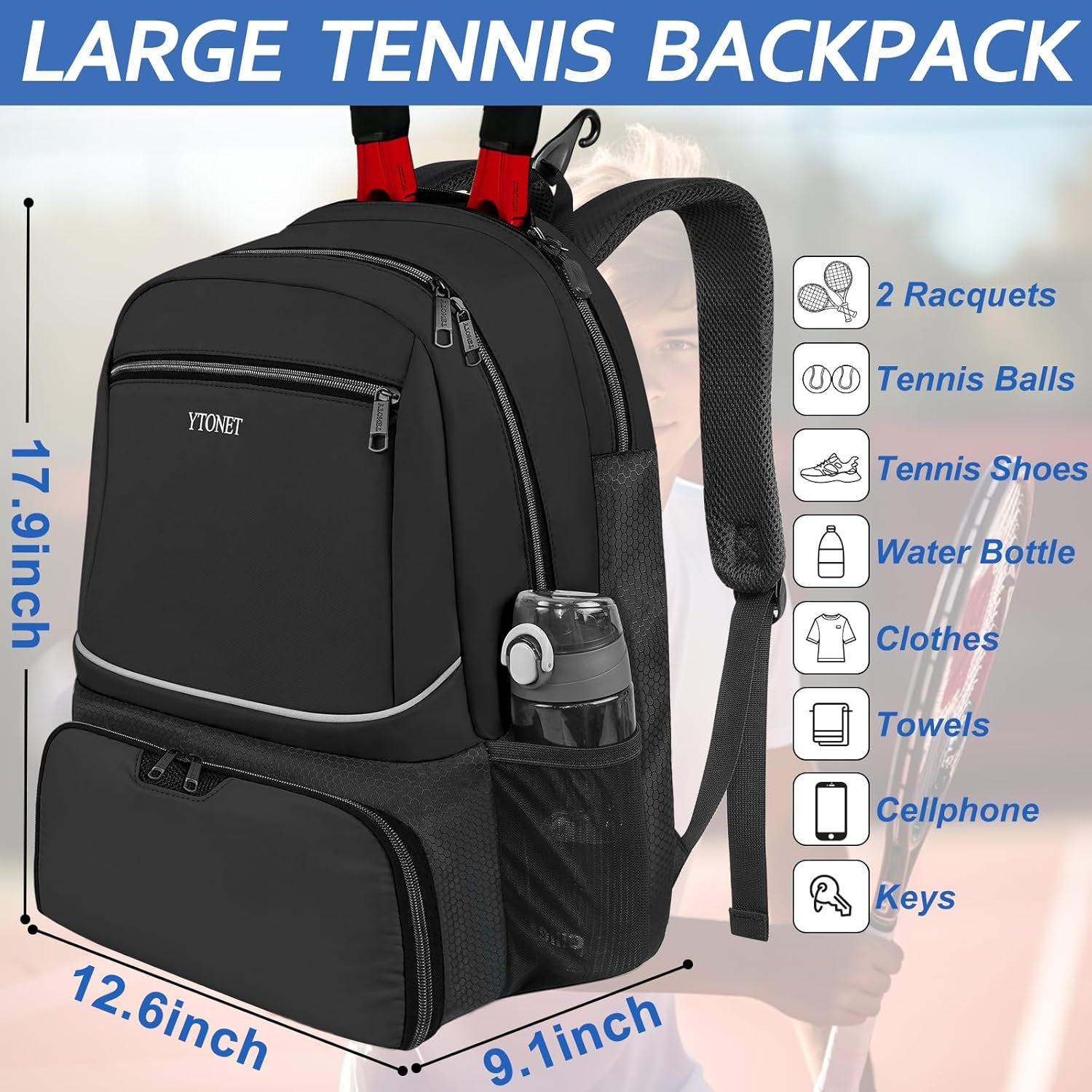 Tennis Bag Tennis Backpack for Women Men 2 Rackets with Insulated Pocket Ventilated Shoe Compartment