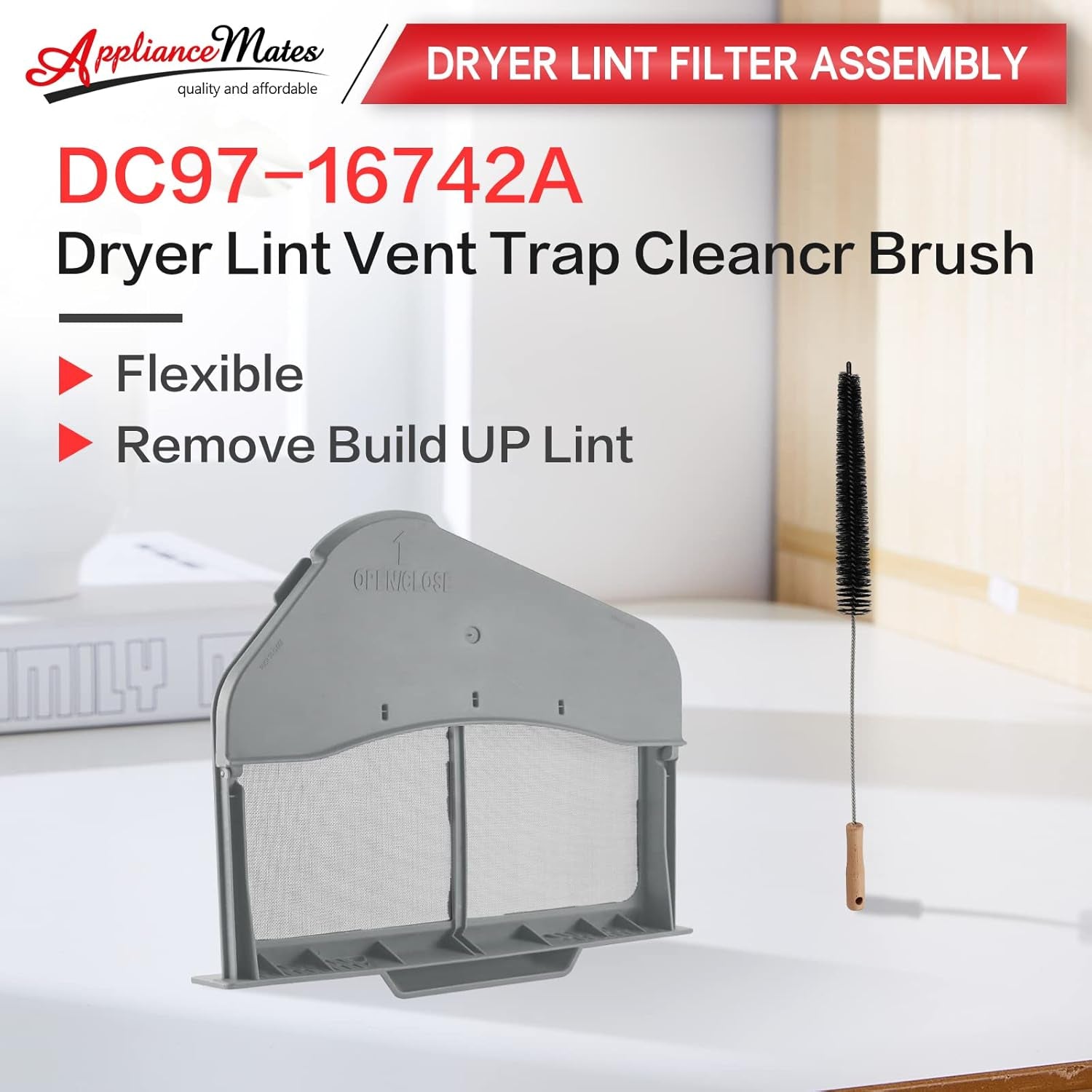 DC97-16742A Dryer Lint Trap Screen Filter Replacement for Samsung Dryer-Replaces AP5306681, DC61-03048A, DC61-02610A, DV45H7000EW/A2, DV40J3000GW/A2, DVE50R5200W/A3 with Flap and Vent Cleaner Brush