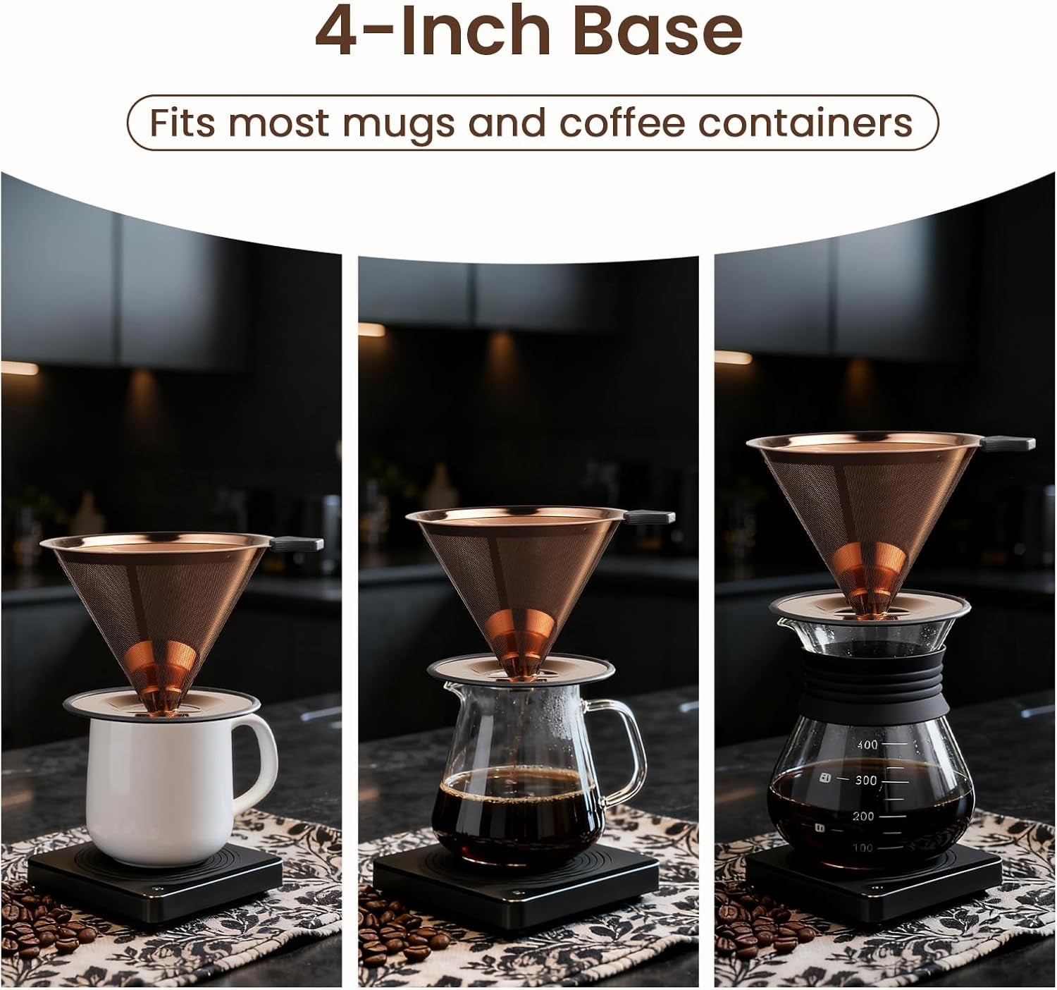 【2.0 Upgraded】Pour over Coffee Dripper, Stainless Steel Drip Cone Brewer, Reusable Metal Coffee Strainer with Non-Slip Ring & Handle, Paperless Pour over Coffee Maker (2.0 Titanium Copper)