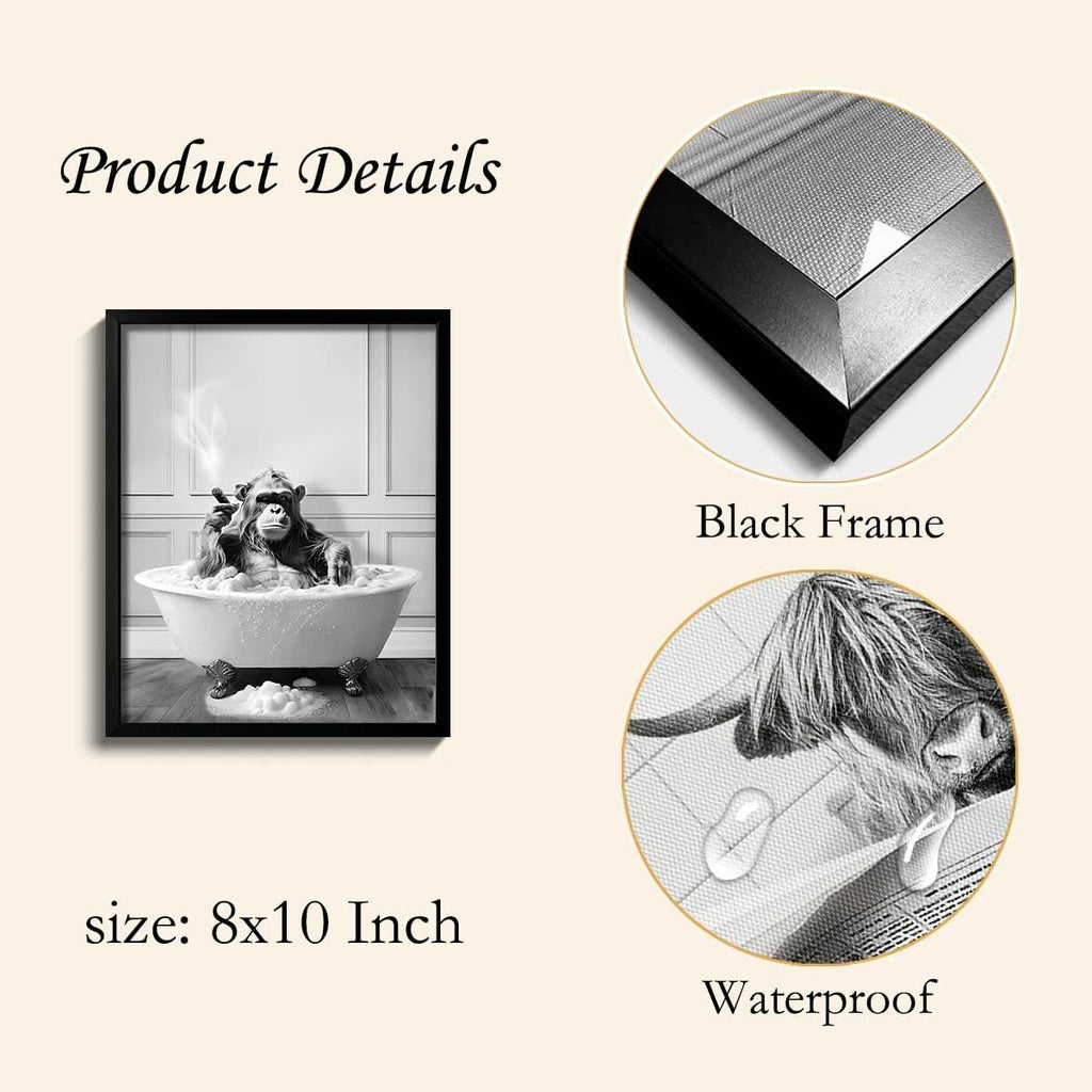 Framed Bathroom Decor Wall Art, Chimpanzee in Bathtub, Black and White Wall Art, Funny Bathroom Wall Decor Signs, Cute Animal Art Home Decor (Framed,8''X10'')