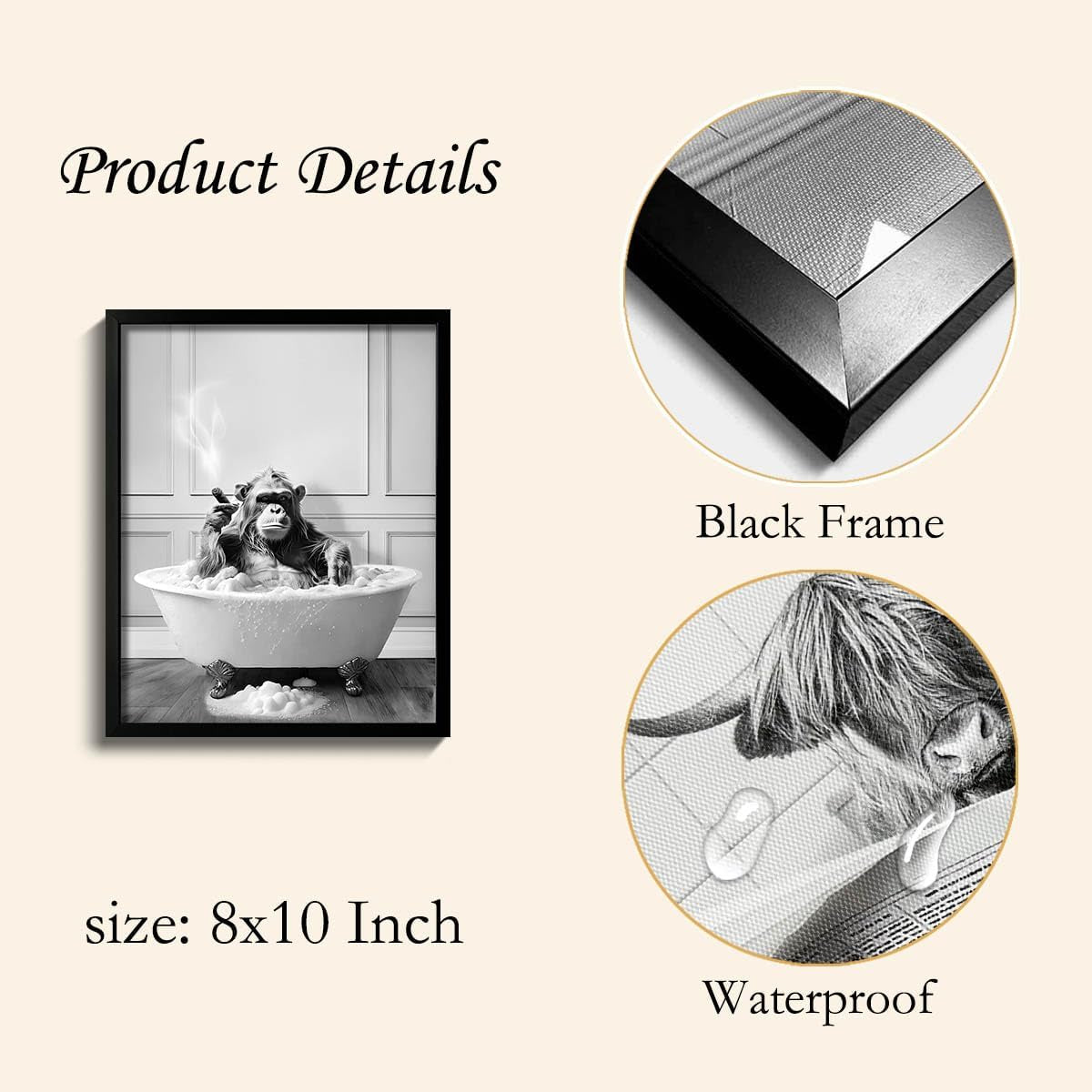 Framed Bathroom Decor Wall Art, Chimpanzee in Bathtub, Black and White Wall Art, Funny Bathroom Wall Decor Signs, Cute Animal Art Home Decor (Framed,8''X10'')