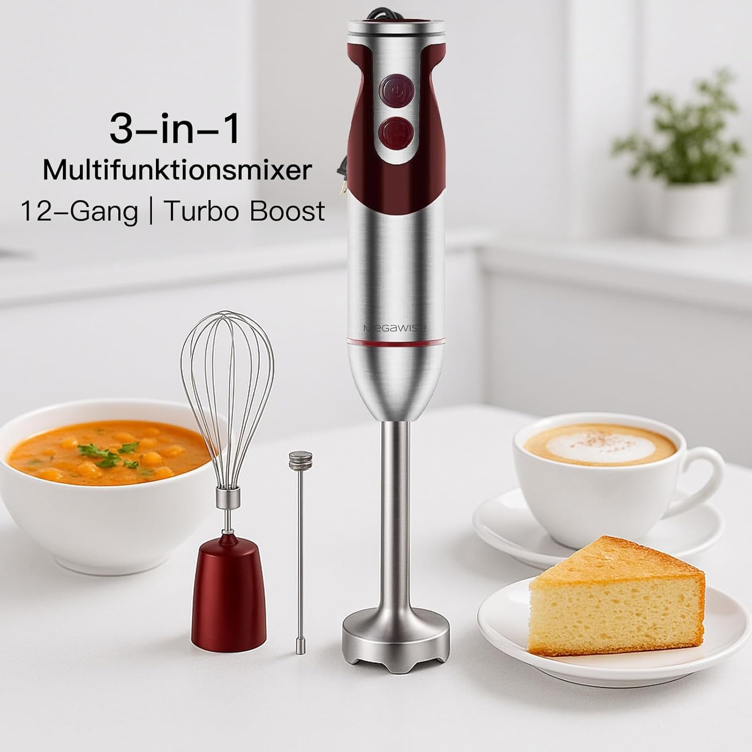 Pro Titanium Reinforced 3-In-1 Immersion Corded Hand Blender, Powerful MOTOR with 80% Sharper Blades, 12-Speed Corded Blender, Includingwhisk and Milk Frother (3-In 1 Red)