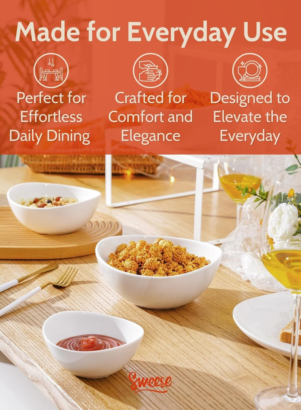 Porcelain Serving Bowls Set, 10-42 Oz, Versatile for Salad, Soup, Snacks, Microwave Dishwasher Safe, White