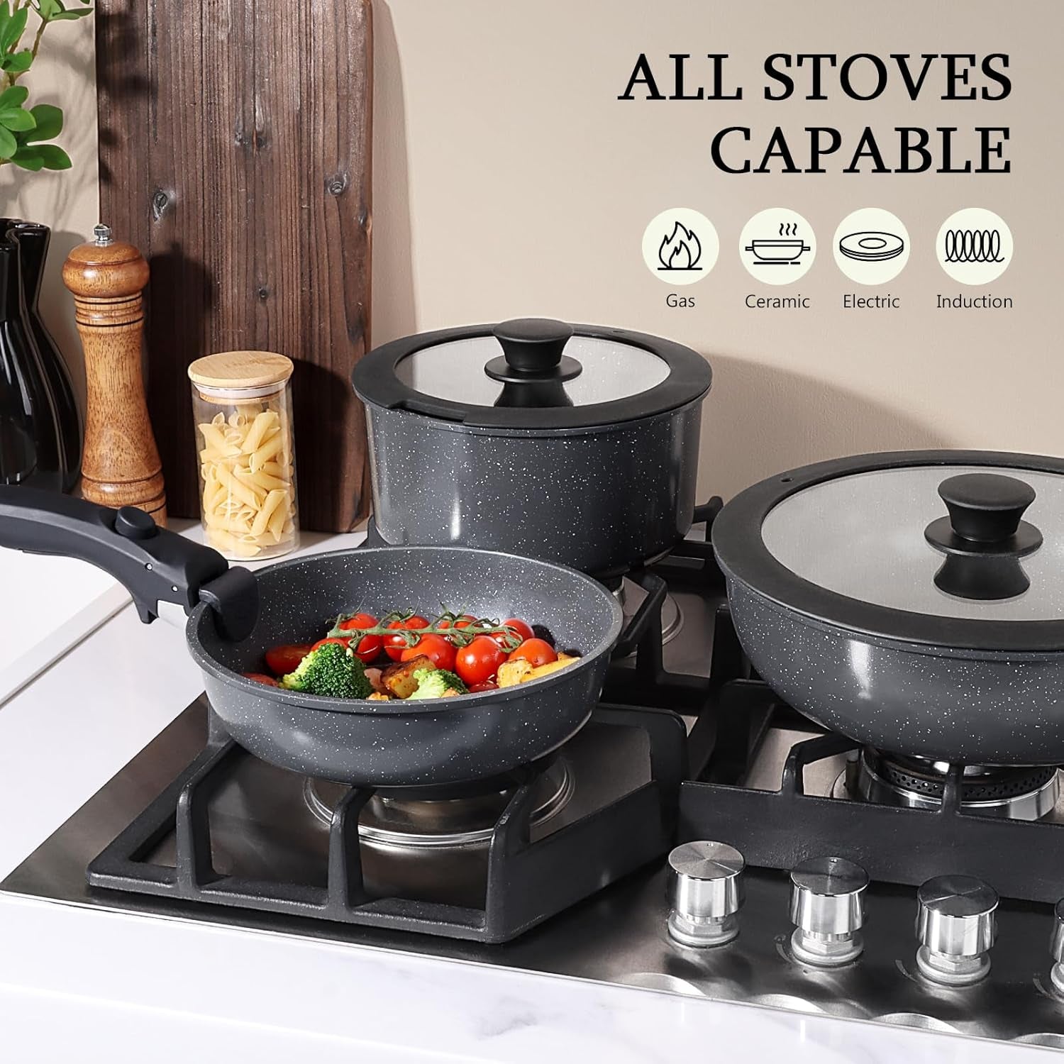 Ceramic Pots and Pans Set Non Stick, 11 Piece Nonstick Detachable Handle Cookware Sets, Non Toxic Induction Kitchen Pot and Pan with Removable Handle, Healthy RV Cookware, Dishwasher ＆Oven Safe