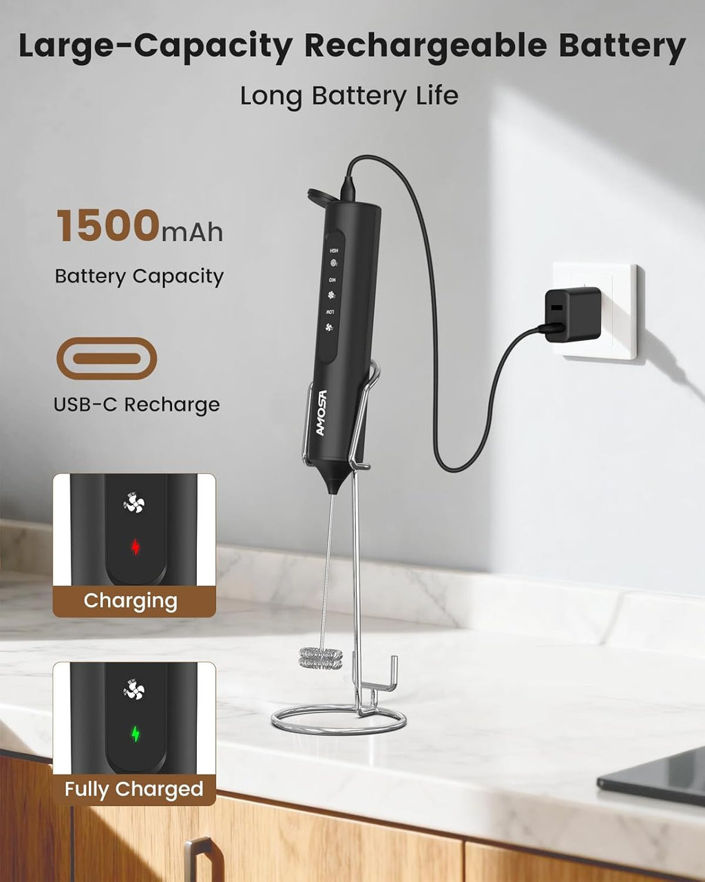 Milk Frother Handheld with Stand, Rechargeable Frother with 3 Speeds & 3 Heads, Travel Frother with Case, Coffee Mixer for Latte, Milk, Cream, Egg, Coffee, Cappuccino