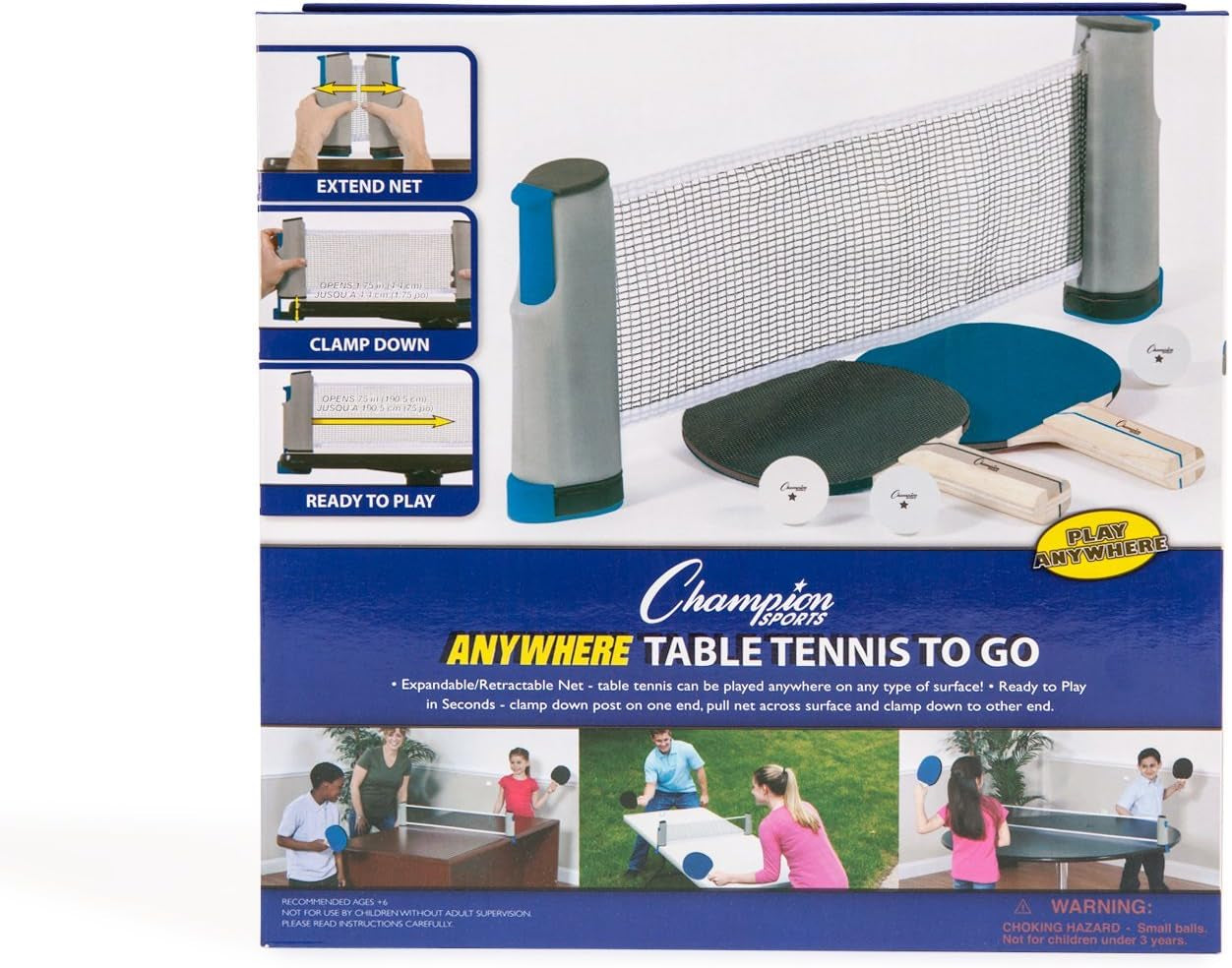 Anywhere Table Tennis: Ping Pong Paddles, Balls, and Portable Net & Post Set to Go, 10.1"L X 10.1"W X 3.2"H
