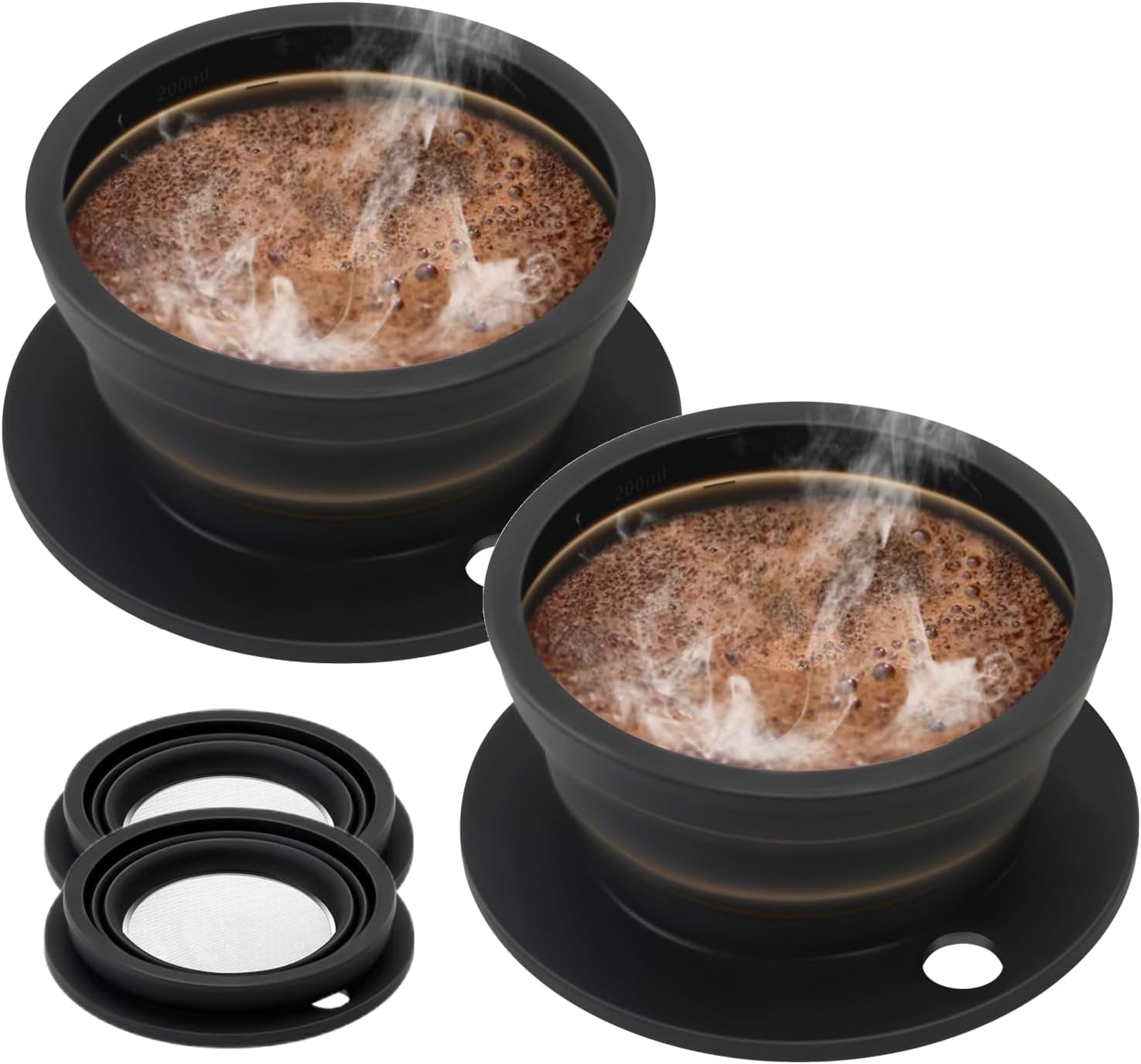 2-Packs Paperless Collapsible Pour over Coffee Dripper, Travel Pour over Coffee Maker Camping, Travel Pour over Coffee Kit, Camping Pour over Coffee Maker 1 Cup, Black