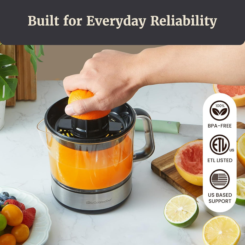 ETS623 Bpa-Free 40-Watt Electric Citrus Juicer, Compact, Large Volume, Pulp Control, Oranges, Lemons, Limes, Grapefruits with Easy Pour Spout, 24Oz, Black/Stainless Steel