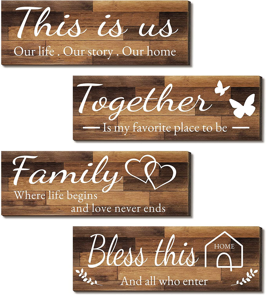 4 Pieces Home Wall Signs, THIS IS US/TOGETHER/BLESS THIS HOME/FAMILY Wall Decor for Living Room Bedroom, Rustic Wooden Farmhouse Wall Art , 4.7 X 13.8 Inch(Brown)