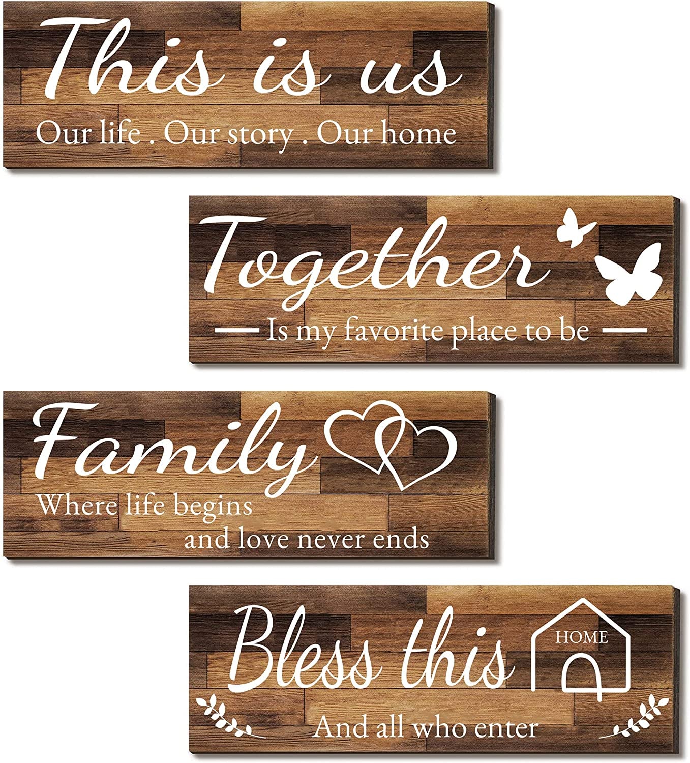 4 Pieces Home Wall Signs, THIS IS US/TOGETHER/BLESS THIS HOME/FAMILY Wall Decor for Living Room Bedroom, Rustic Wooden Farmhouse Wall Art , 4.7 X 13.8 Inch(Brown)