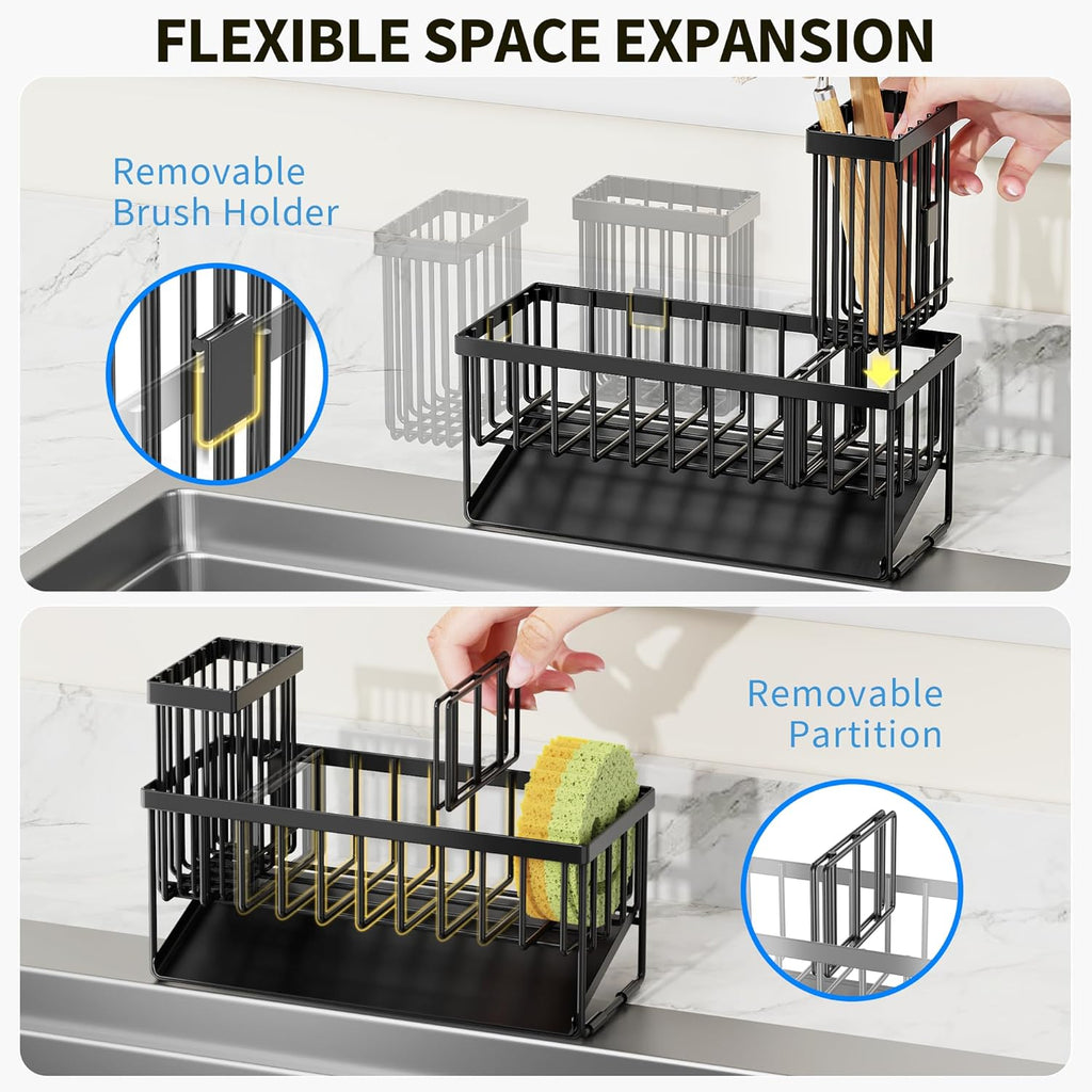 Sink Caddy Sponge Holder for Kitchen with Brush Holder and Stainless Steel Self Drain Tray, Rustproof Kitchen Sink Organizer for Sponge, Soap Dispenser Storage Accessories