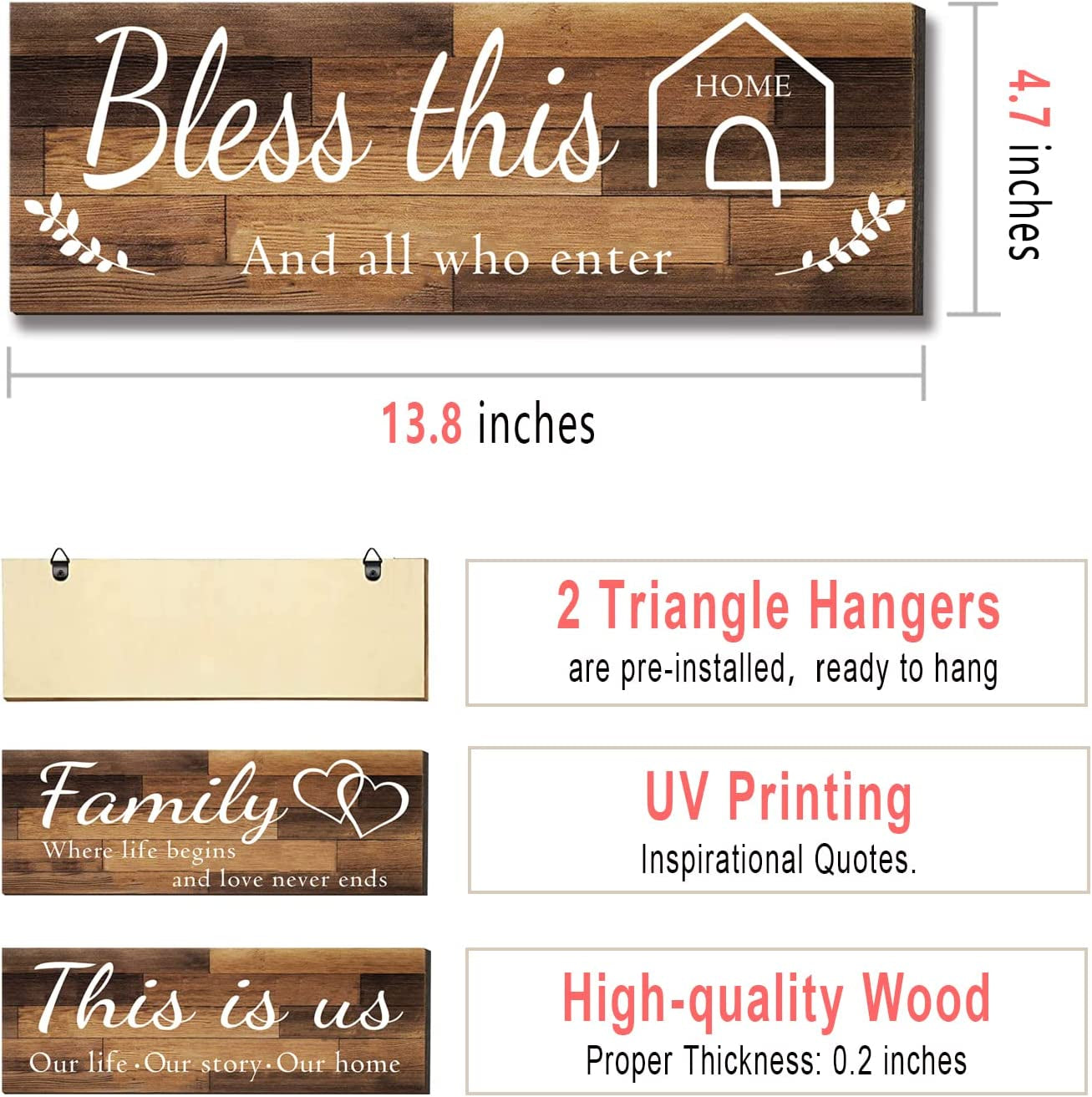 4 Pieces Home Wall Signs, THIS IS US/TOGETHER/BLESS THIS HOME/FAMILY Wall Decor for Living Room Bedroom, Rustic Wooden Farmhouse Wall Art , 4.7 X 13.8 Inch(Brown)