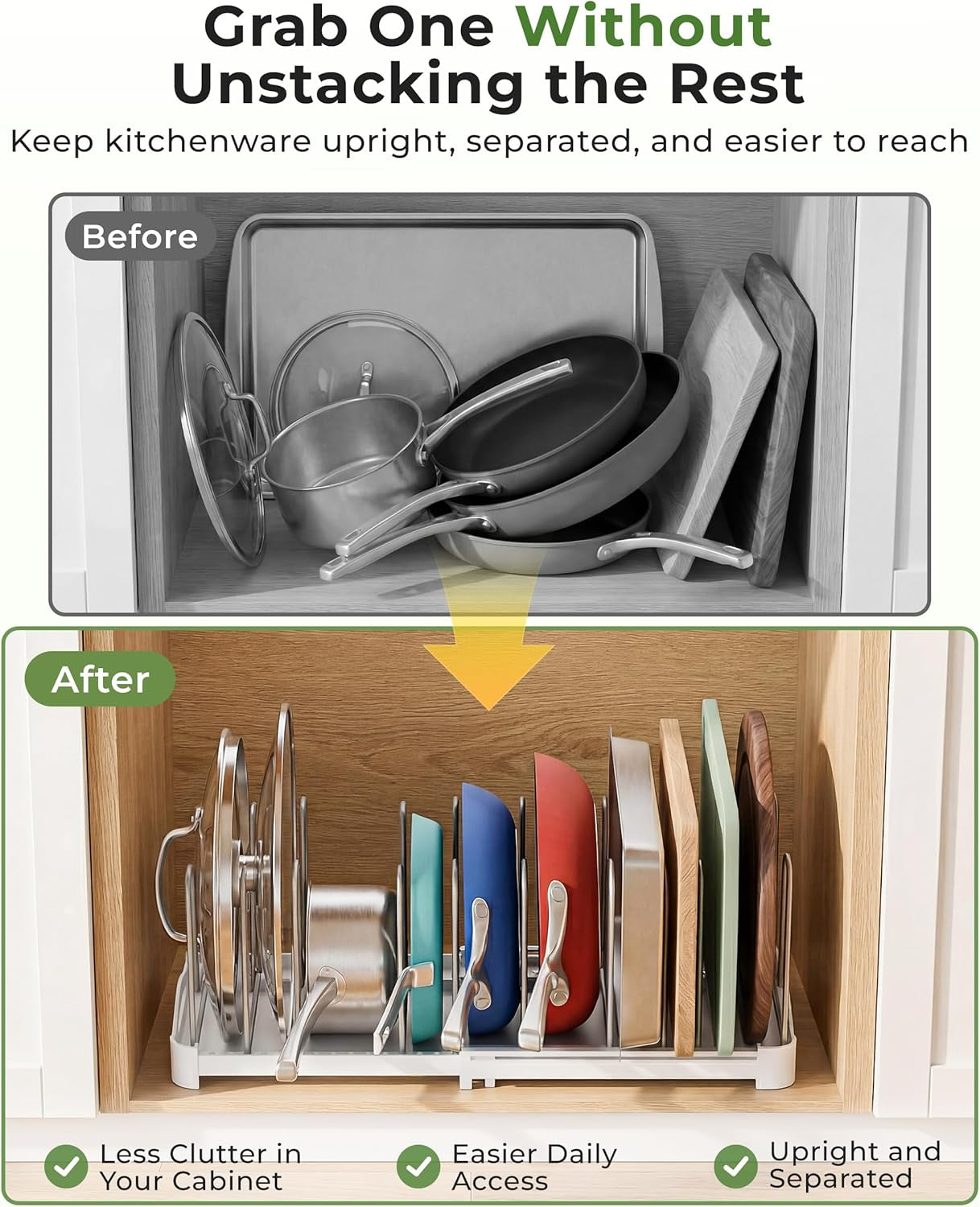 Adjustable Bakeware Organizer Pot Lid Holder Rack for Pots, Cake Molds, Cutting Boards, Mats, Cookware, GS02SS, 7.7'' Deep by 12.6'' to 21.5'' Wide