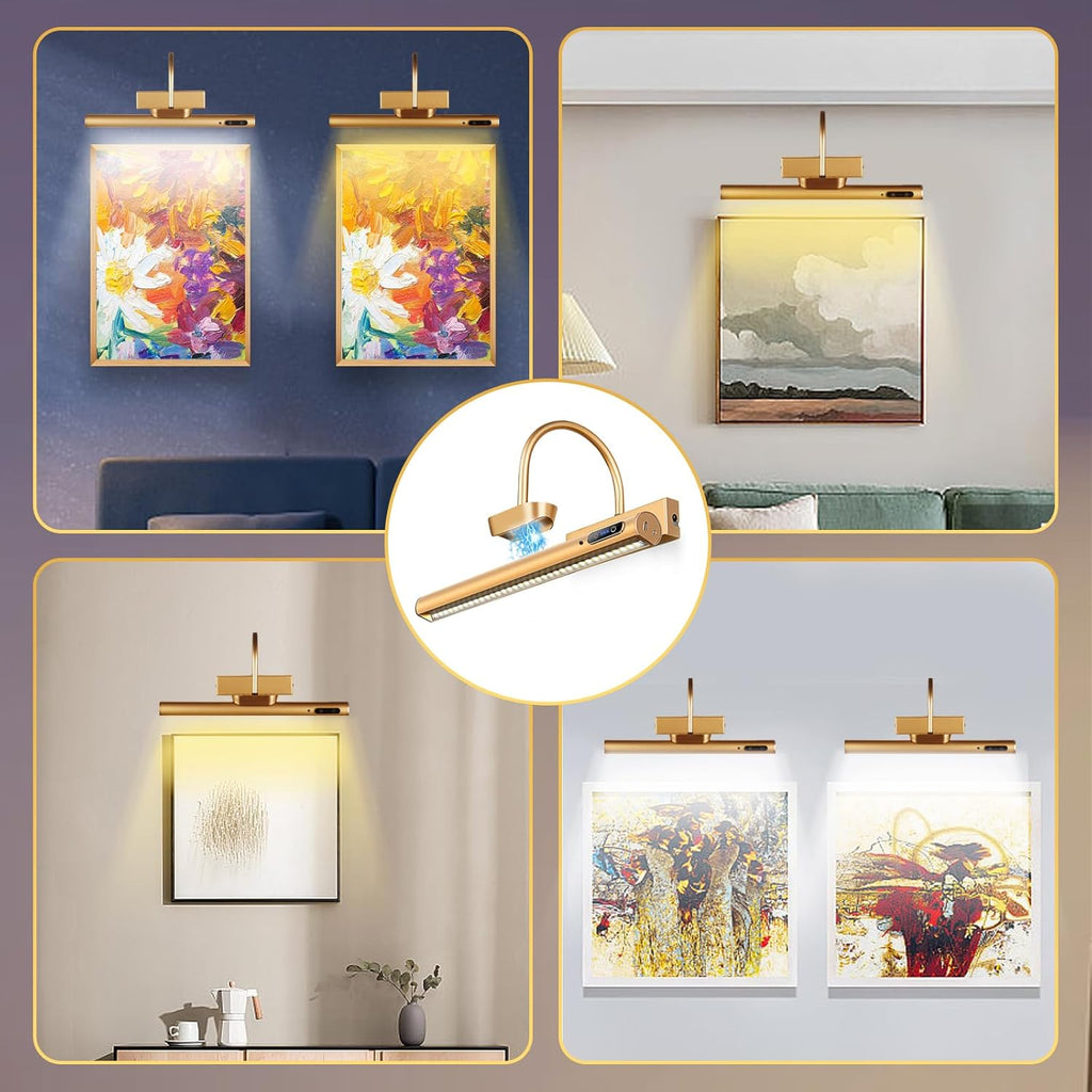 Dimmable Cordless Picture Light with Controller and Timer, Rechargeable 5000Mah Battery Wall Sconce for Wall Pictures, Gallery Artwork, Paintings, Portraits, Dartboards (Gold)