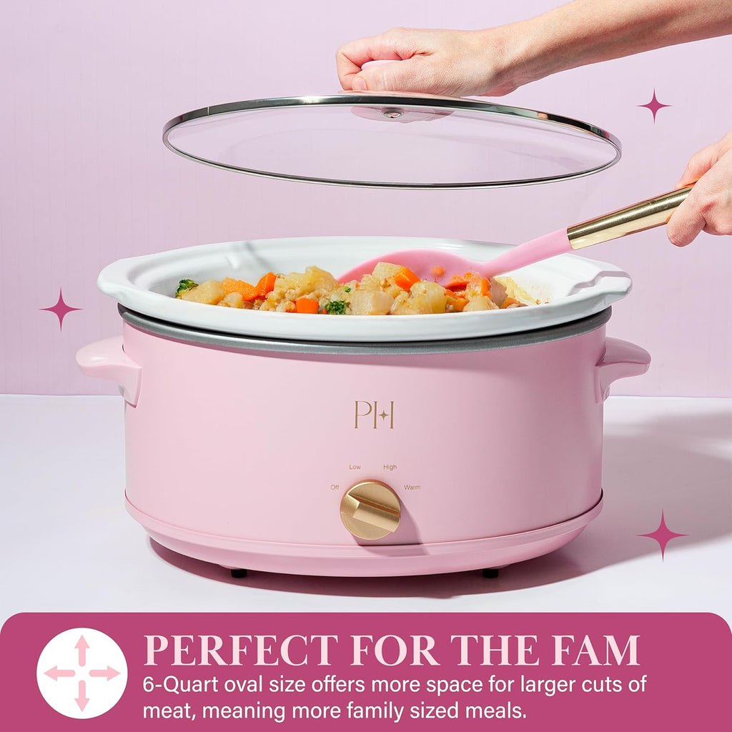 6-Quart Manual Slow Cooker, Features Three Settings (Low, High, Warm), Naturally Nonstick and Dishwasher Safe Stoneware Insert, Family Sized Capacity, Pink