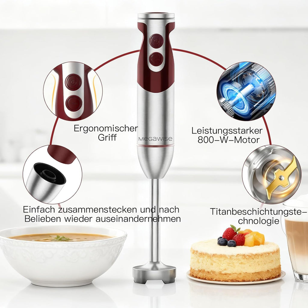 Pro Titanium Reinforced 3-In-1 Immersion Corded Hand Blender, Powerful MOTOR with 80% Sharper Blades, 12-Speed Corded Blender, Includingwhisk and Milk Frother (3-In 1 Red)