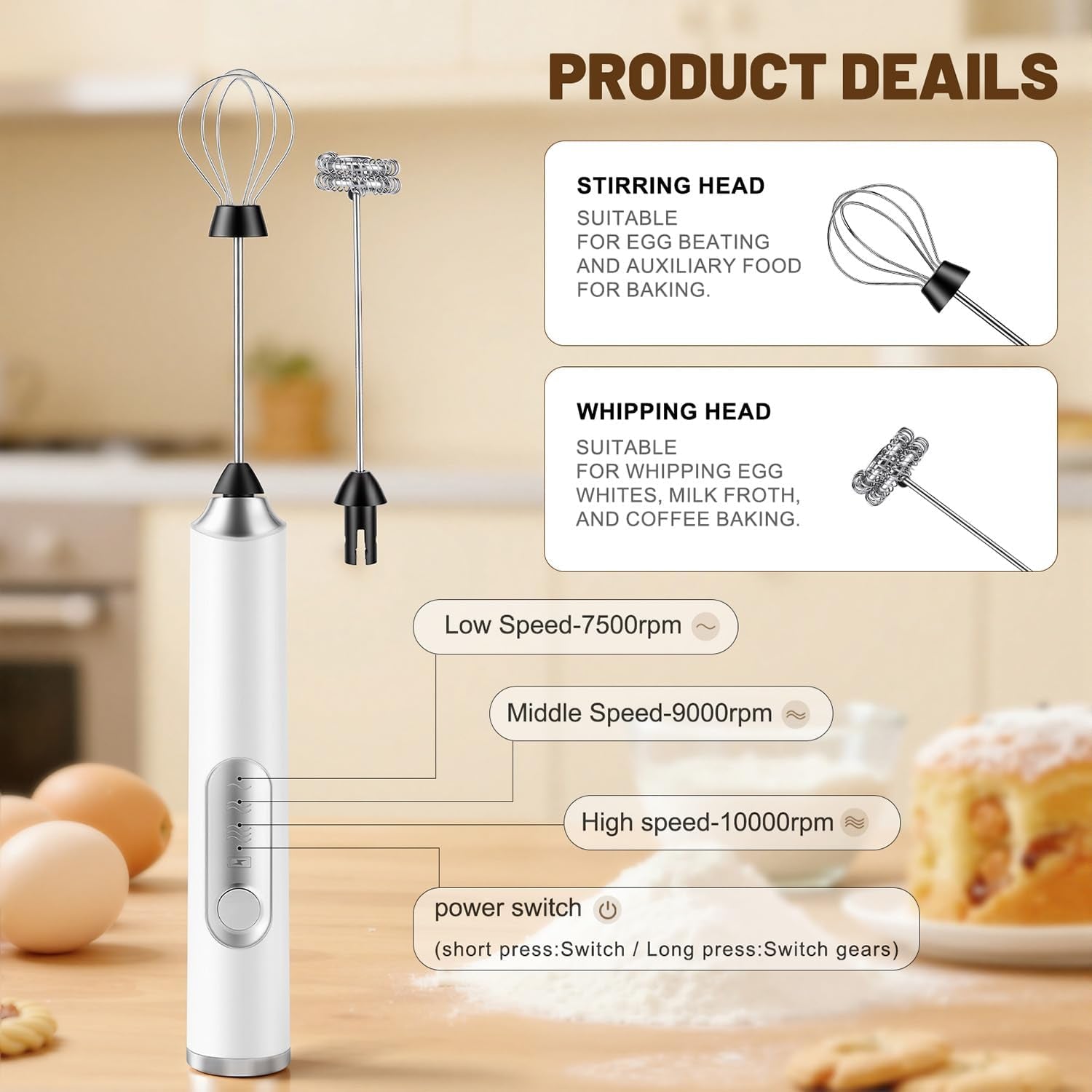 Milk Frother Handheld Rechargeable 2000Mah Power Frother Wand Electric Foam Maker with 2 Stainless Whisks 3 Speeds Drink Mixer Coffee Frother for Latte, Cappuccino, Matcha, Hot Chocolate, Egg