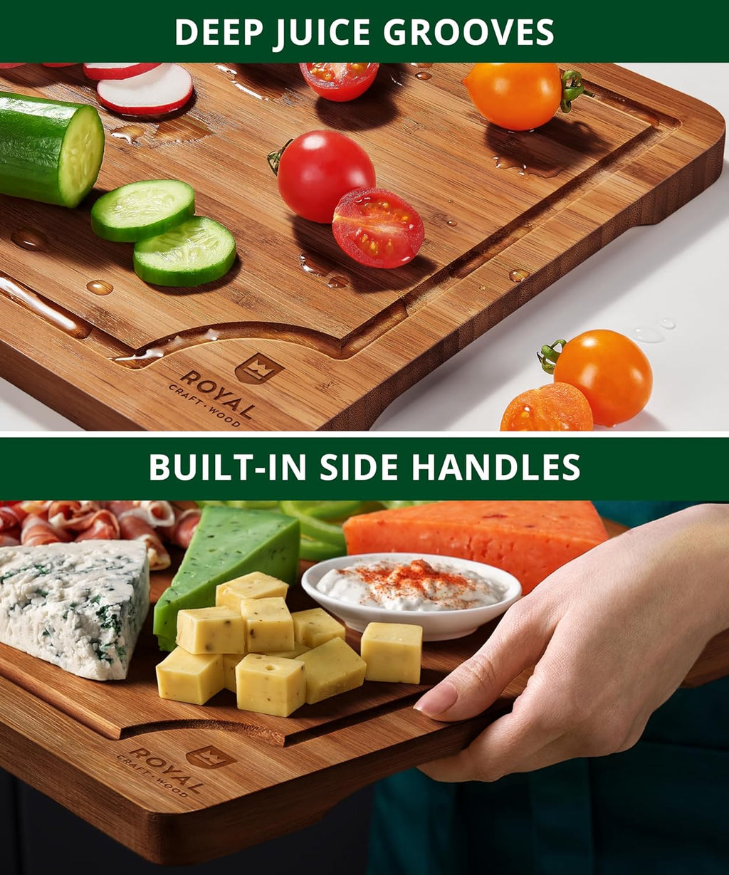 Wooden Cutting Boards for Kitchen Meal Prep & Serving - Non Toxic Bamboo Wood Cutting Board Set with Deep Juice Groove Side Handles - Charcuterie & Chopping Butcher Block for Meat