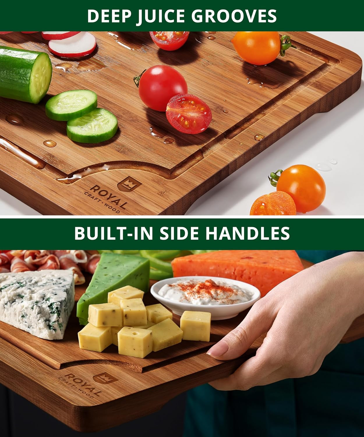 Wooden Cutting Boards for Kitchen Meal Prep & Serving - Non Toxic Bamboo Wood Cutting Board Set with Deep Juice Groove Side Handles - Charcuterie & Chopping Butcher Block for Meat