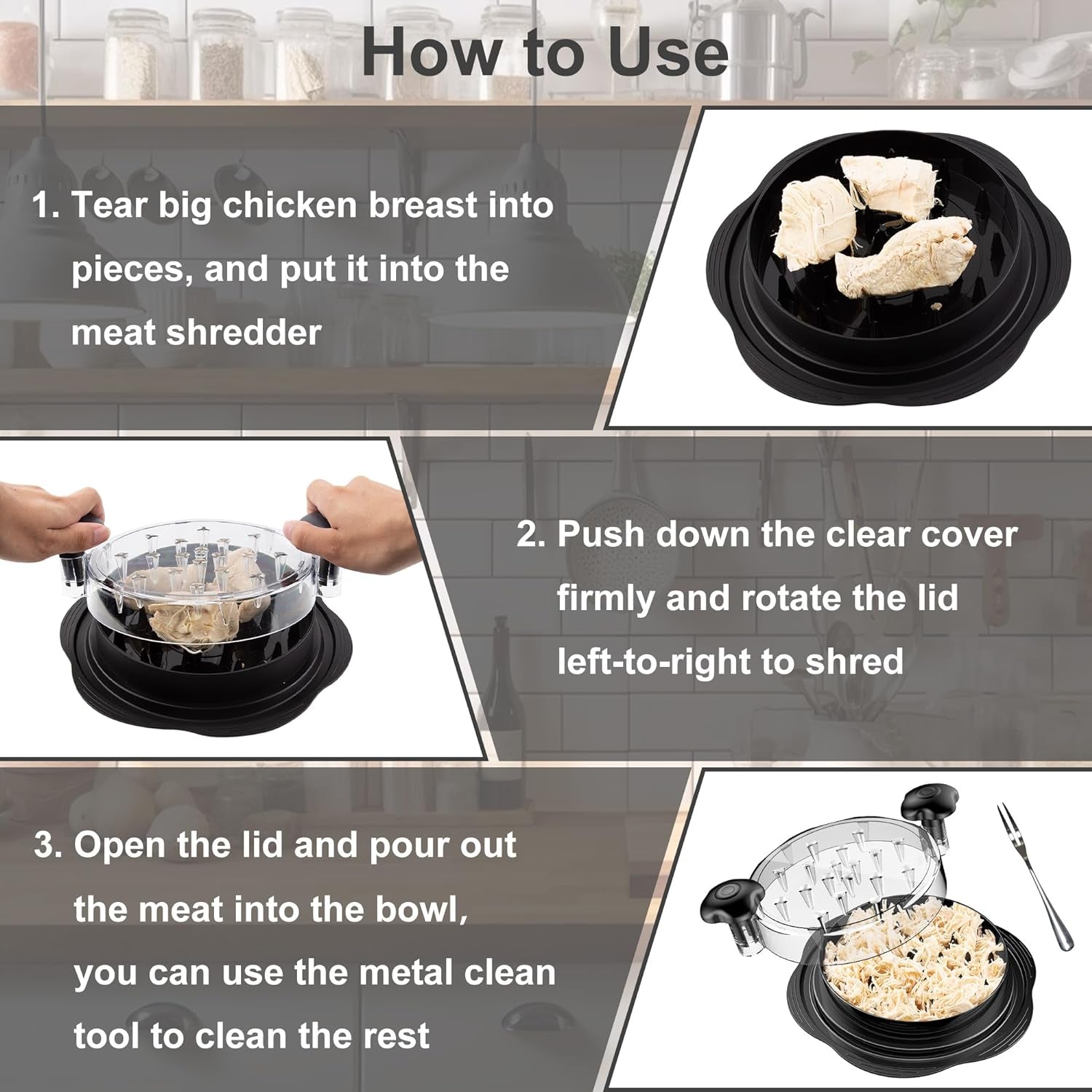 Chicken Shredder Tool Twist Large Chicken Breast Shredder with Brush&Fork, Visible Meat Shredder Machine, Strong Anti-Slip Strip, Ergonomic Handle, BPA Free, Suitable for Pork Beef Chicken