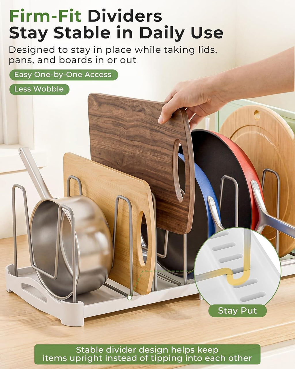 Adjustable Bakeware Organizer Pot Lid Holder Rack for Pots, Cake Molds, Cutting Boards, Mats, Cookware, GS02SS, 7.7'' Deep by 12.6'' to 21.5'' Wide