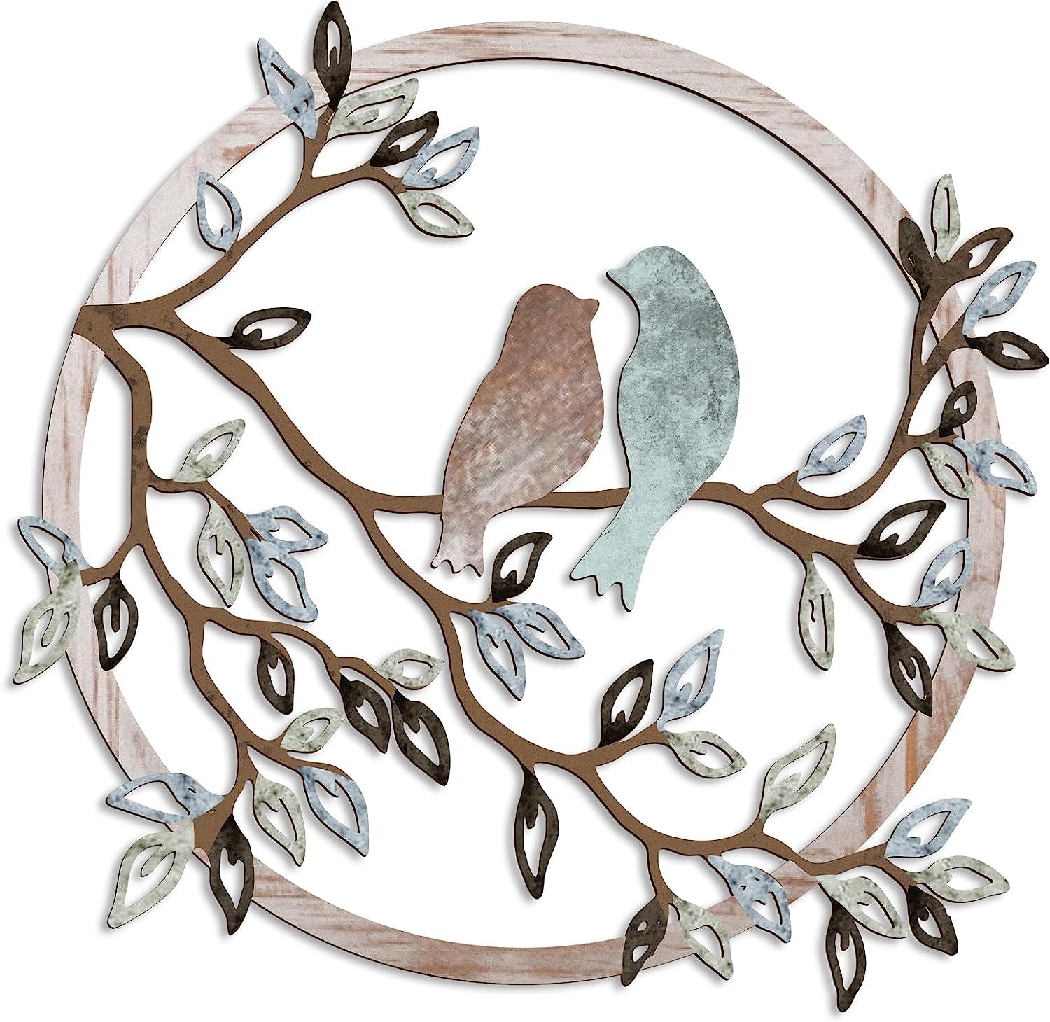 Metal Wall Art Bird on Tree Branch Silhouette Bird Hanging Ornament Porch Wall Decor for Living Room Outdoor Garden Bedroom Office Housewarming Party Decoration(Fresh Color)