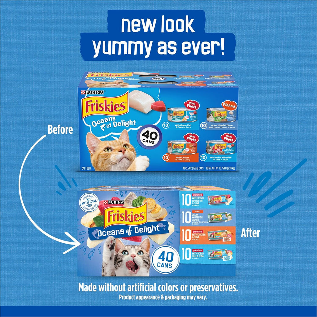 Purina  Wet Cat Food Variety Pack, Oceans of Delight Flaked and Prime Filets - (Pack of 40) 5.5 Oz. Cans