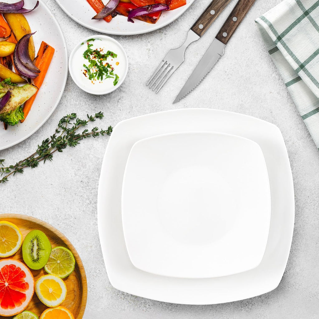 Luna Plates and Bowls Sets, 16 Piece Modern Porcelain Dish Set for 4, Chip and Scratch Resistant Square Dinnerware Set, Microwave and Dishwasher Safe, Pearl White