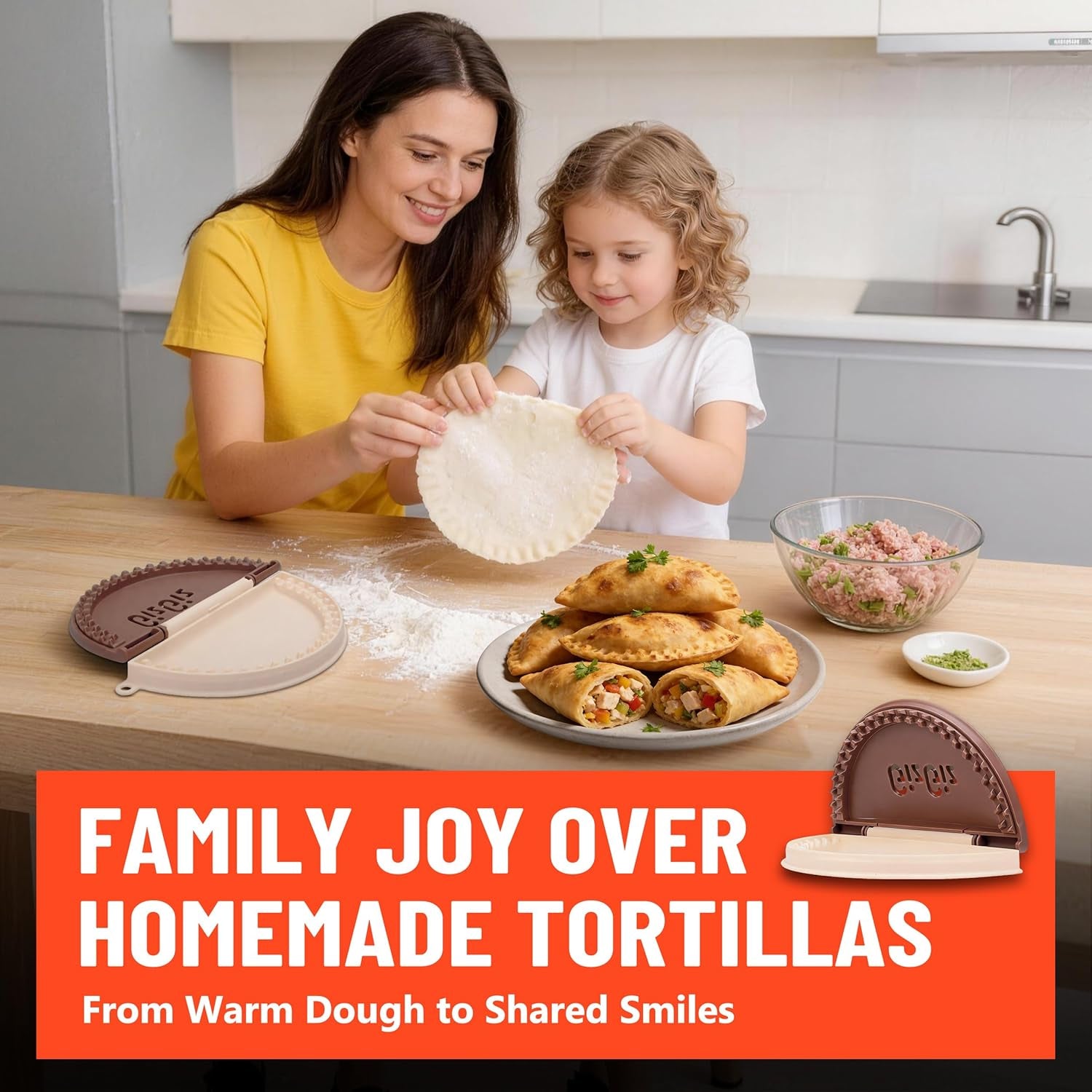 Gizgiz Double-Serrated Tortilla Sealer, Empanada Maker Press, Tortilla Crimper for 8 Inch Tacos, Burrito Tortilla & Quesadilla, Bpa-Free, Dishwasher Safe, Brown
