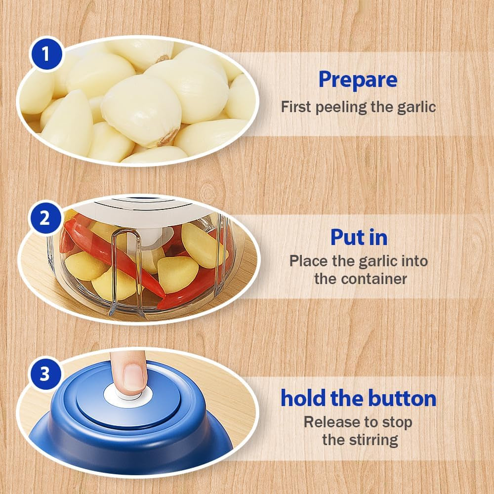 Electric Garlic Chopper with USB Rechargeable Design, Portable Food Processor for Garlic, Onion, Chili, Nuts, Vegetables, One-Touch Mini Kitchen Helper (Blue, 250Ml)