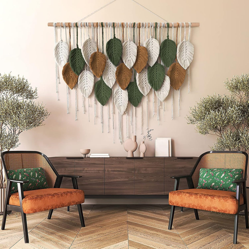 Large Macrame Wall Hanging Boho Woven Tapestry, Chic Home Decor Modern Bohemian Handmade Leaf Feather Wall Art Decorations for Apartment Dorm Living Room Bedroom Nursery Backdrop 39"W X 29.5"L