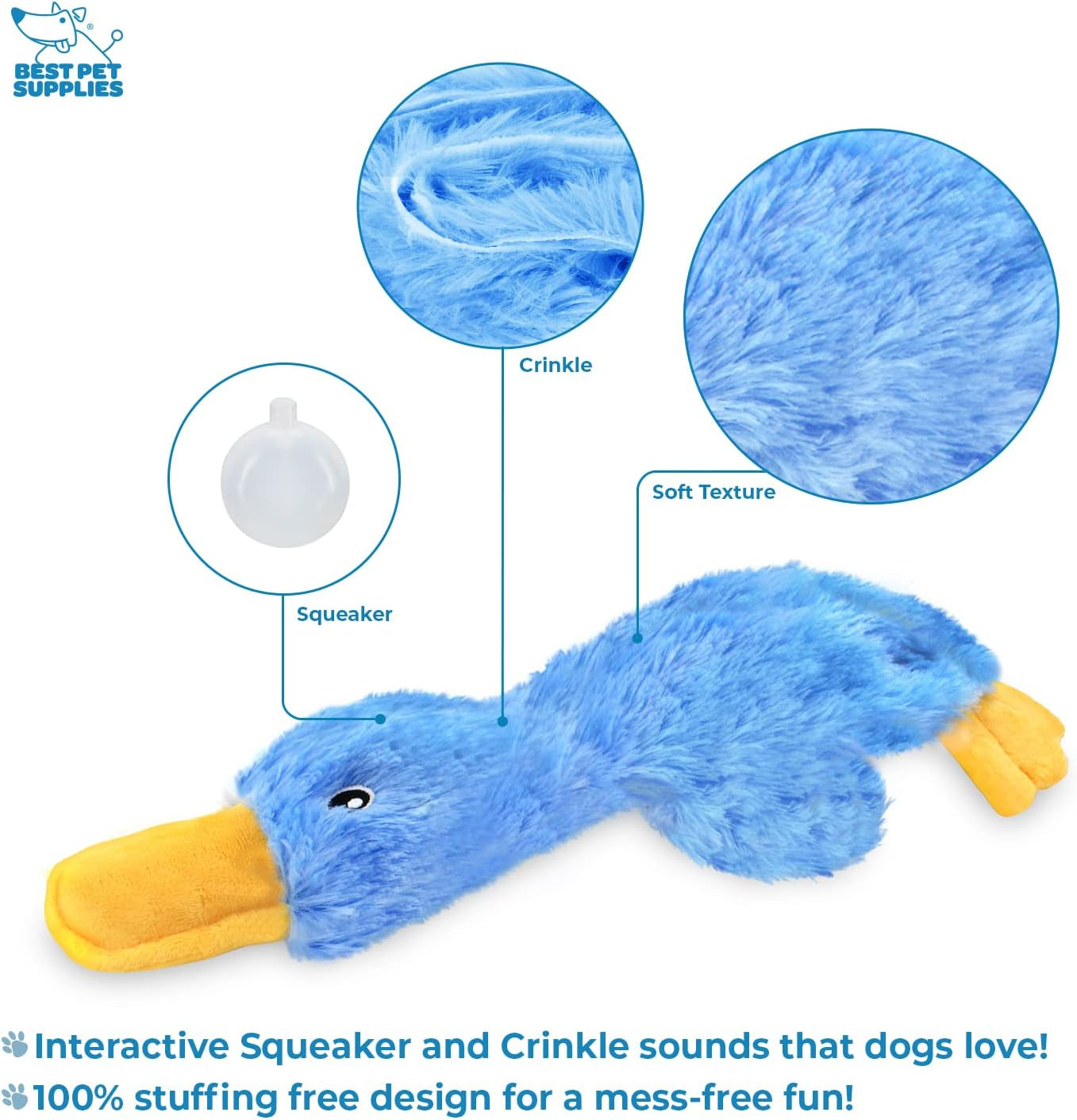 Interactive Squeaky Dog Chew Toy, Ideal Dog Toys for Chewers, Small, Medium & Large Dogs, and Fetch Lovers - Crinkle Duck (Blue), Large