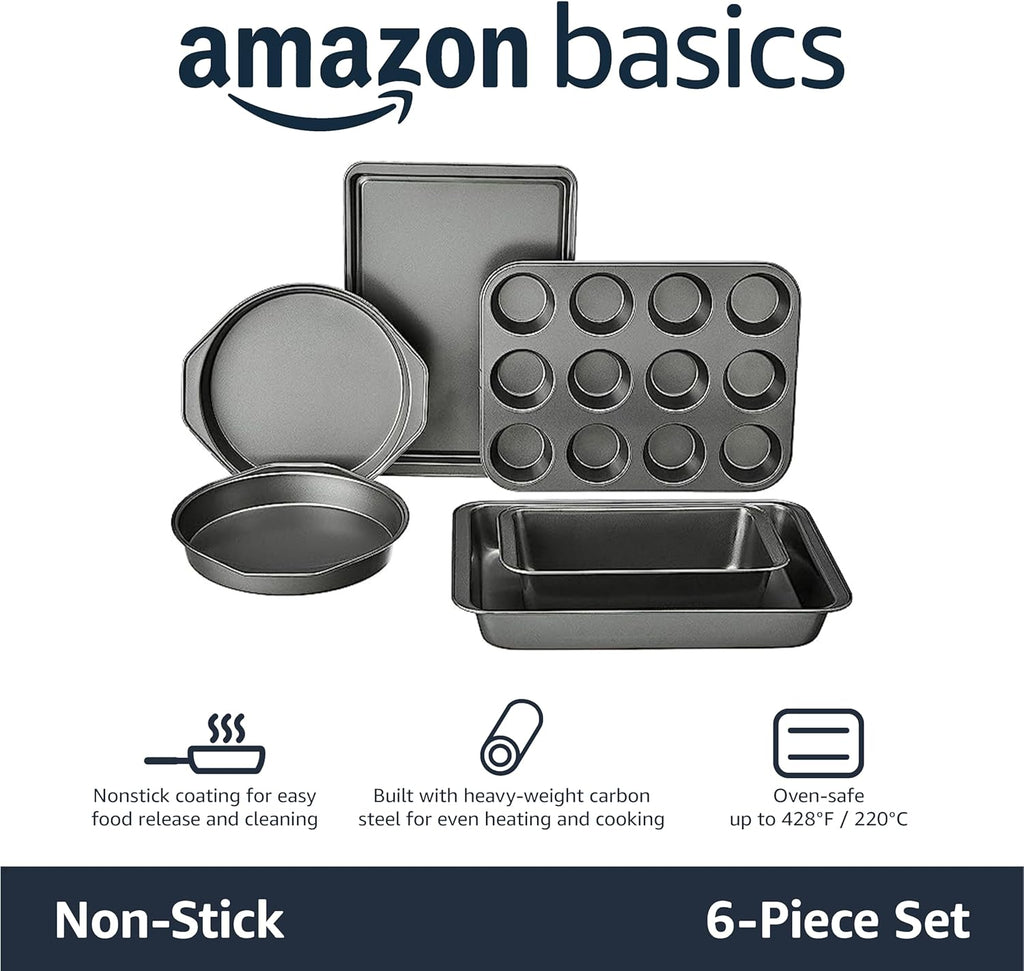 6 Piece Nonstick Carbon Steel Bakeware Set with Cake, Muffin, Cookie, and Loaf Pans, Easy Release, Oven Safe, 16.25 X 11.75 X 6.25 Inches