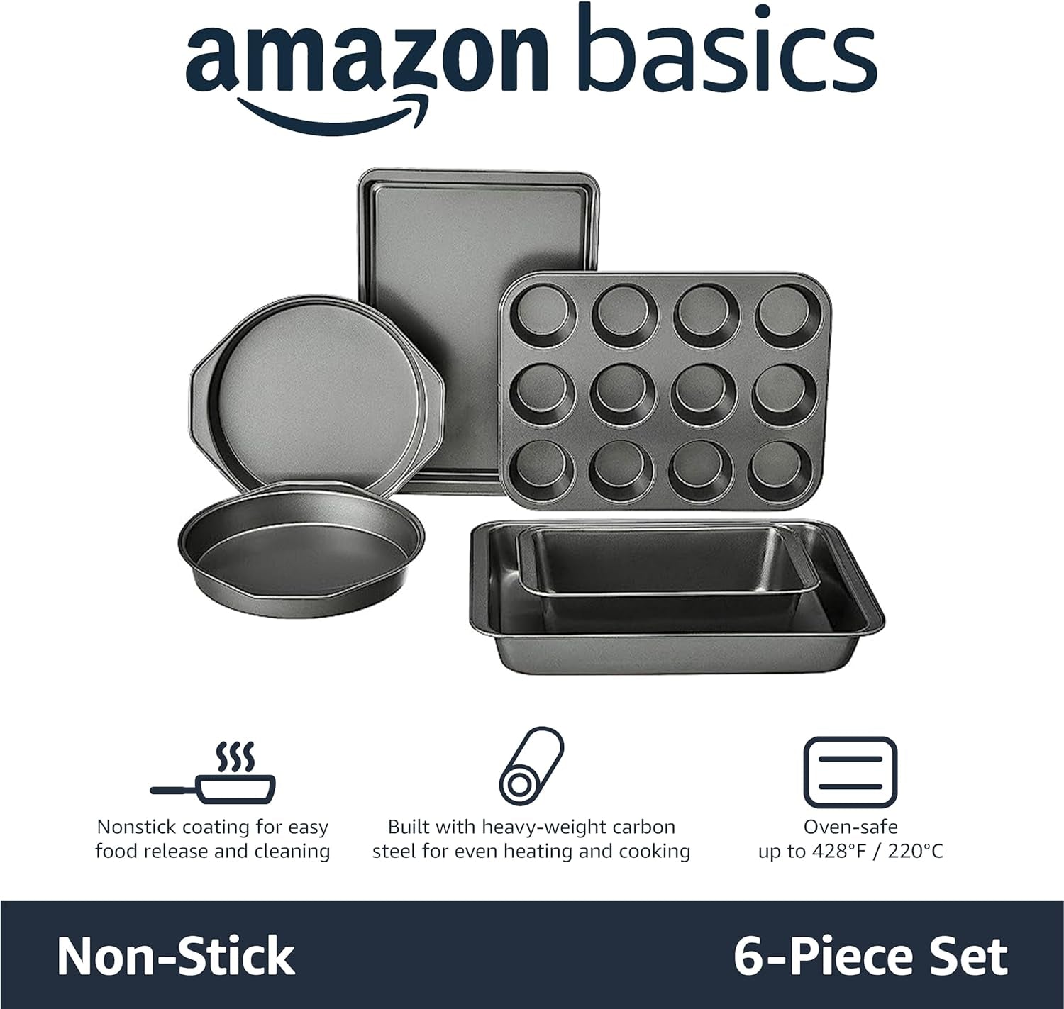 6 Piece Nonstick Carbon Steel Bakeware Set with Cake, Muffin, Cookie, and Loaf Pans, Easy Release, Oven Safe, 16.25 X 11.75 X 6.25 Inches