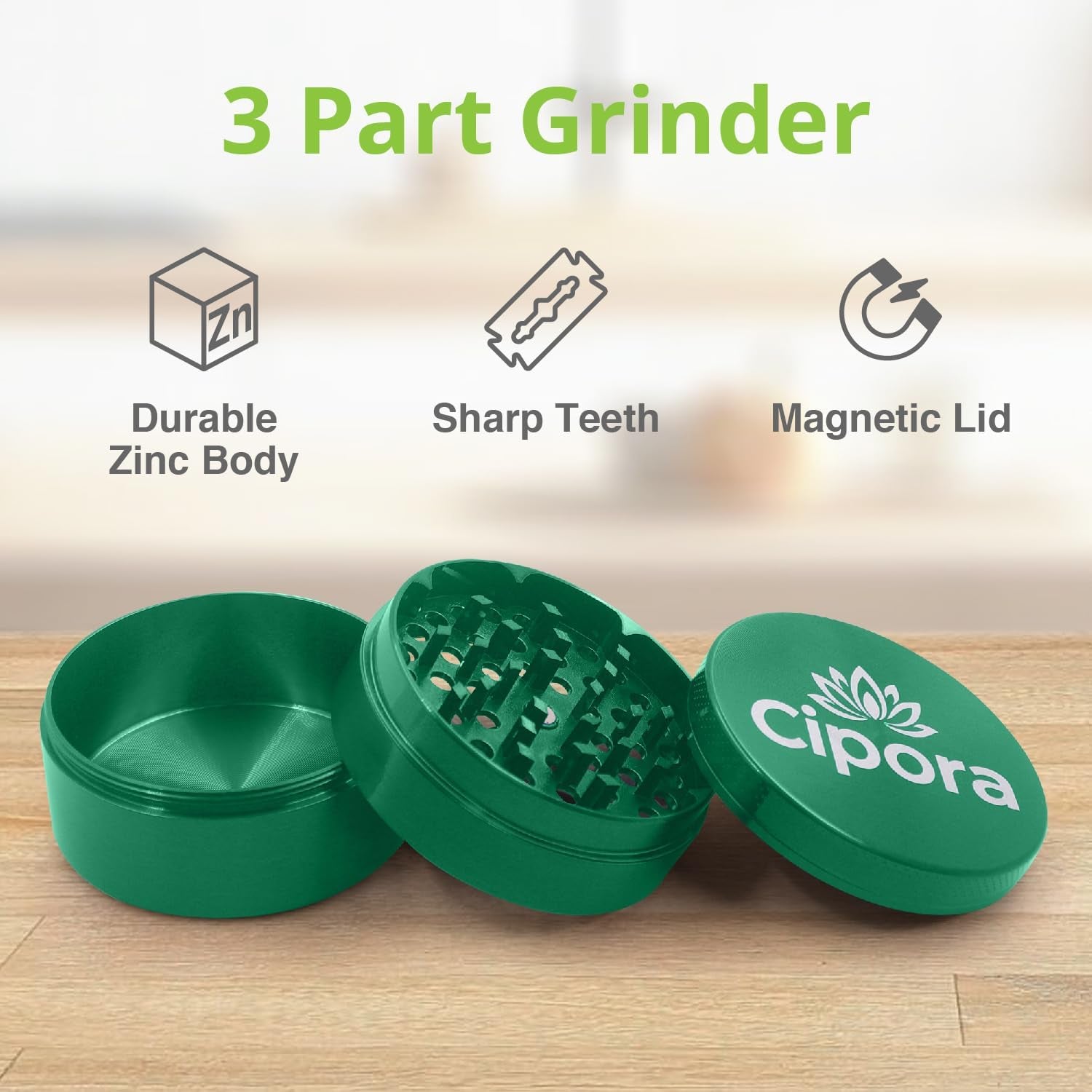 2.5" Manual 3-Piece Zinc Grinder with Large Bottom Chamber (Green)