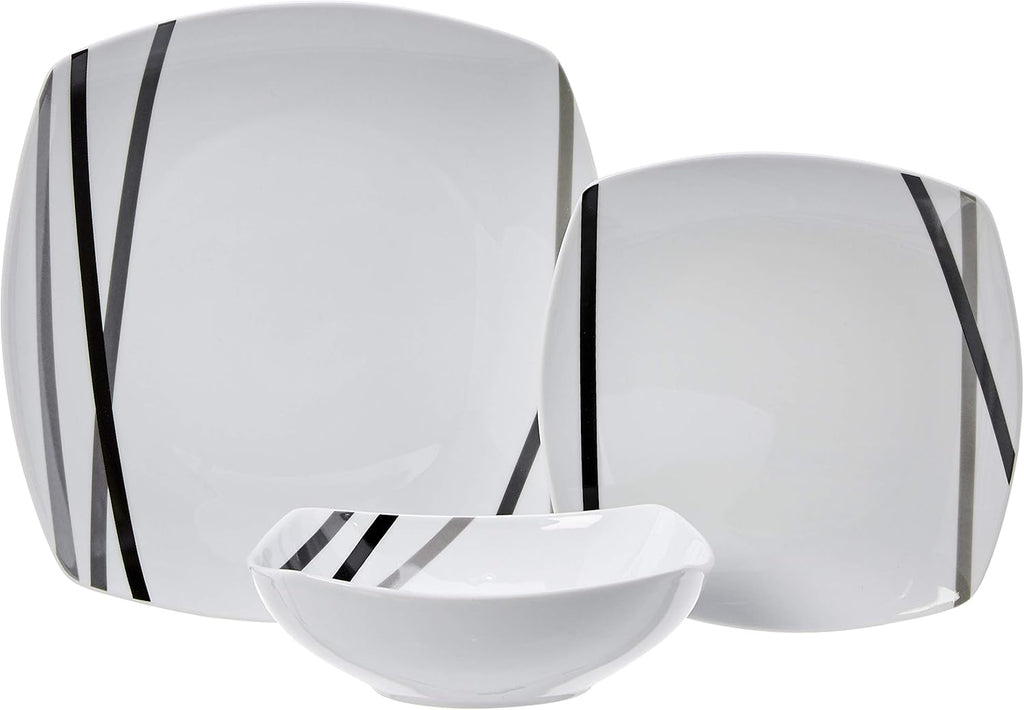 Square Dinnerware Set for 6, Plates and Bowls for Kitchen, 18-Piece, Dishwasher and Microwave Safe, Modern Beams