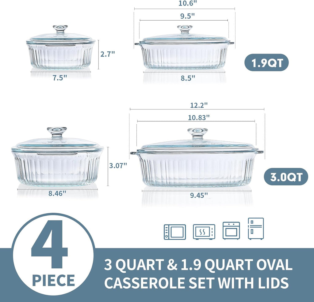 4-Piece Glass Casserole Baking Dish, Set of 2 Casseroles with Glass Lids, 1.9 Qt and 3 Qt