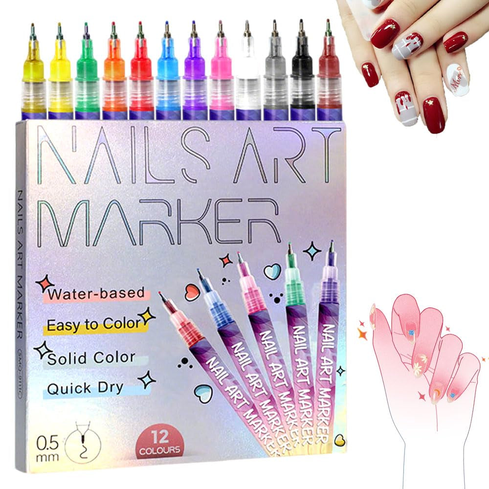 Nail Art Pens Set 12 Colors Nail Art Markers for Gel Nails,2025 Quickly Dry Nail Polish Pens Drawing Painting Pen,Nail Art Nail DIY Decoration for Home Salon (12 Color)