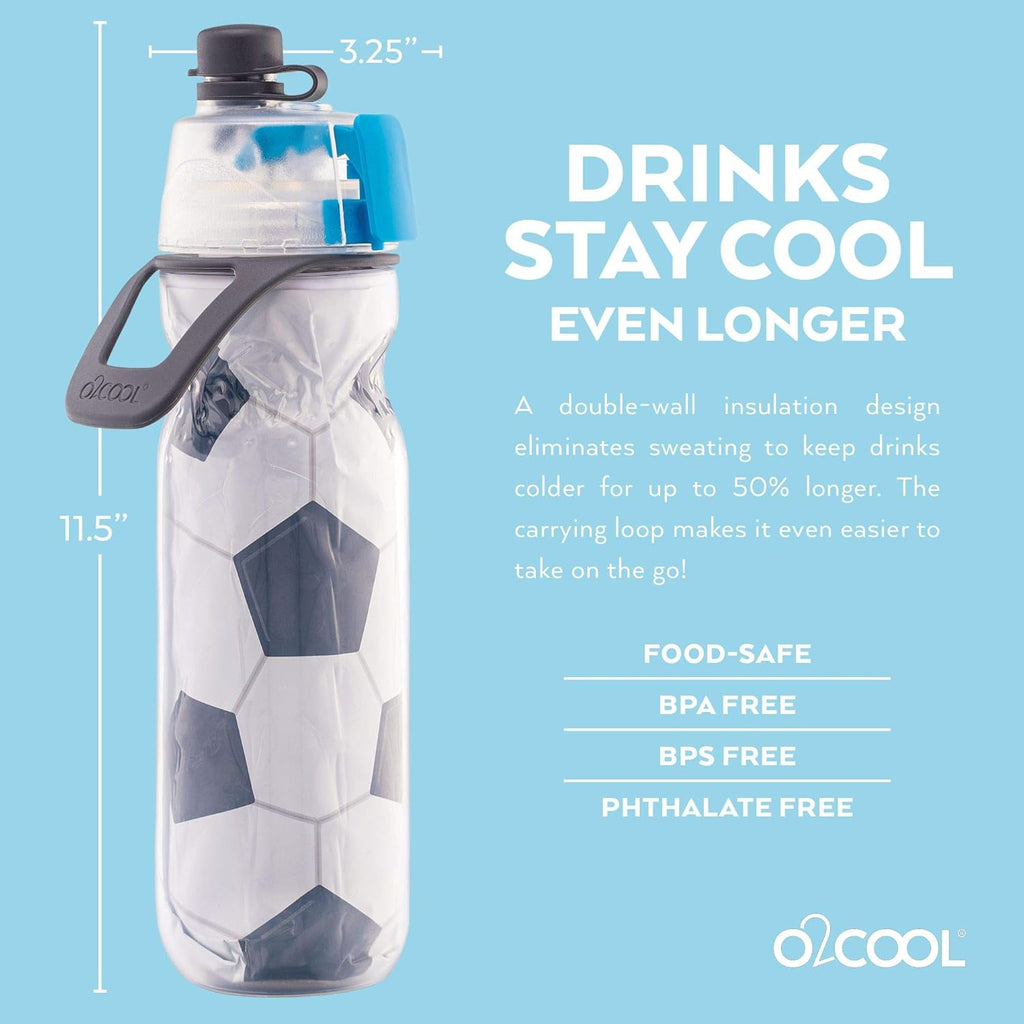 Mist 'N Sip Misting Water Bottle 2-In-1 Mist and Sip Function with No Leak Pull Top Spout Reusable Sports Water Bottle - 20 Oz (Soccer)