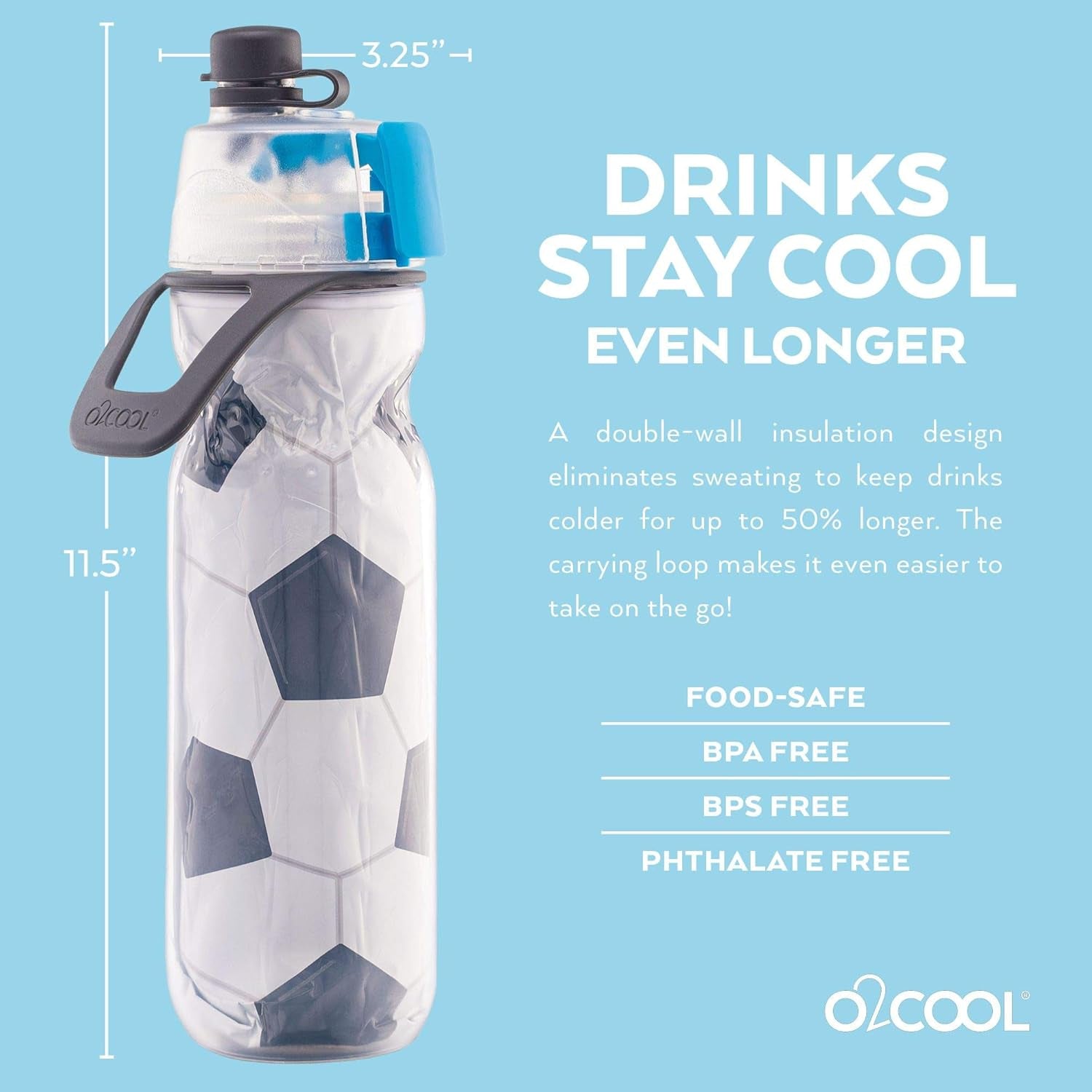 Mist 'N Sip Misting Water Bottle 2-In-1 Mist and Sip Function with No Leak Pull Top Spout Reusable Sports Water Bottle - 20 Oz (Soccer)