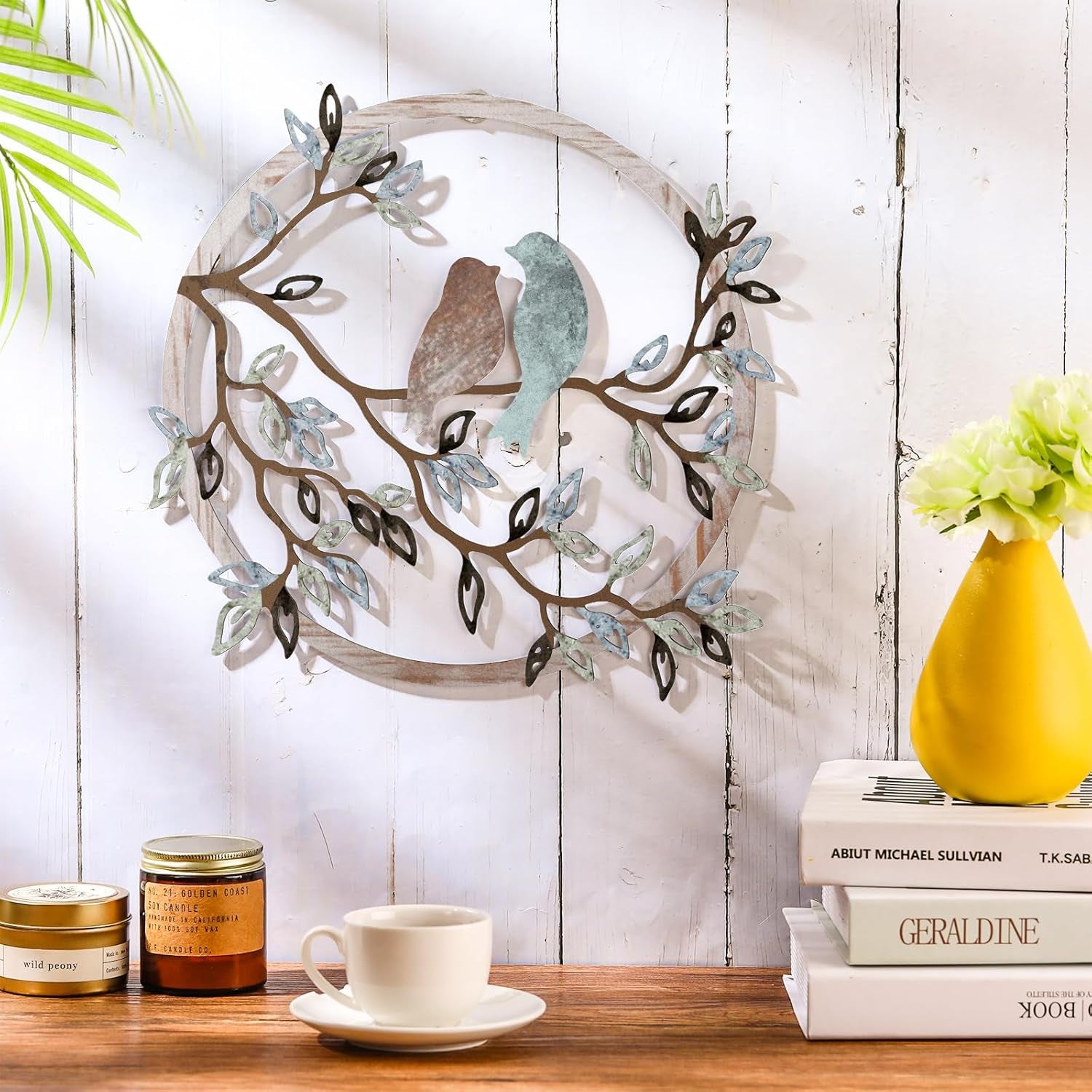 Metal Wall Art Bird on Tree Branch Silhouette Bird Hanging Ornament Porch Wall Decor for Living Room Outdoor Garden Bedroom Office Housewarming Party Decoration(Fresh Color)