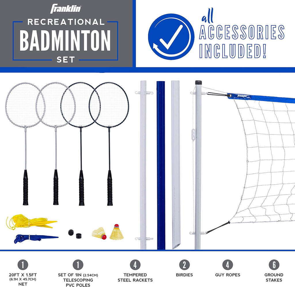 Franklin Sports Badminton Set - Portable Badminton Set - Adult and Kids Badminton Net - Perfect Backyard/Lawn Game - Includes 4 Badminton Racquets - Recreational