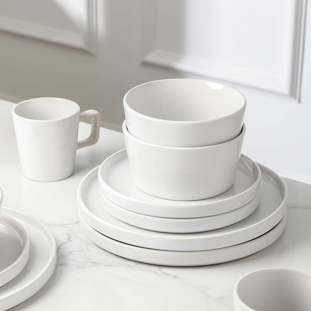 Celina Modern Stoneware 16-Piece Dinnerware Set, Plates and Bowls Set, White Glossy, Dish Set Service for 4