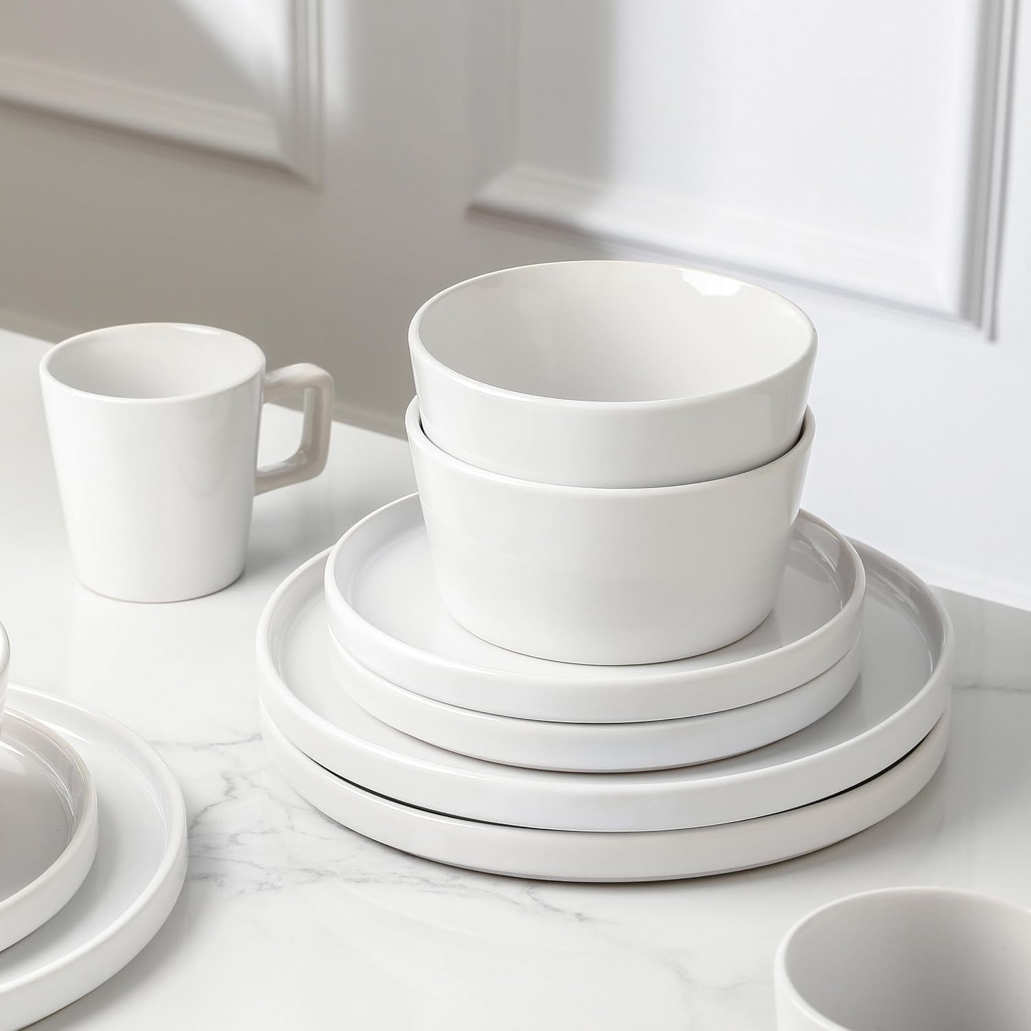 Celina Modern Stoneware 16-Piece Dinnerware Set, Plates and Bowls Set, White Glossy, Dish Set Service for 4