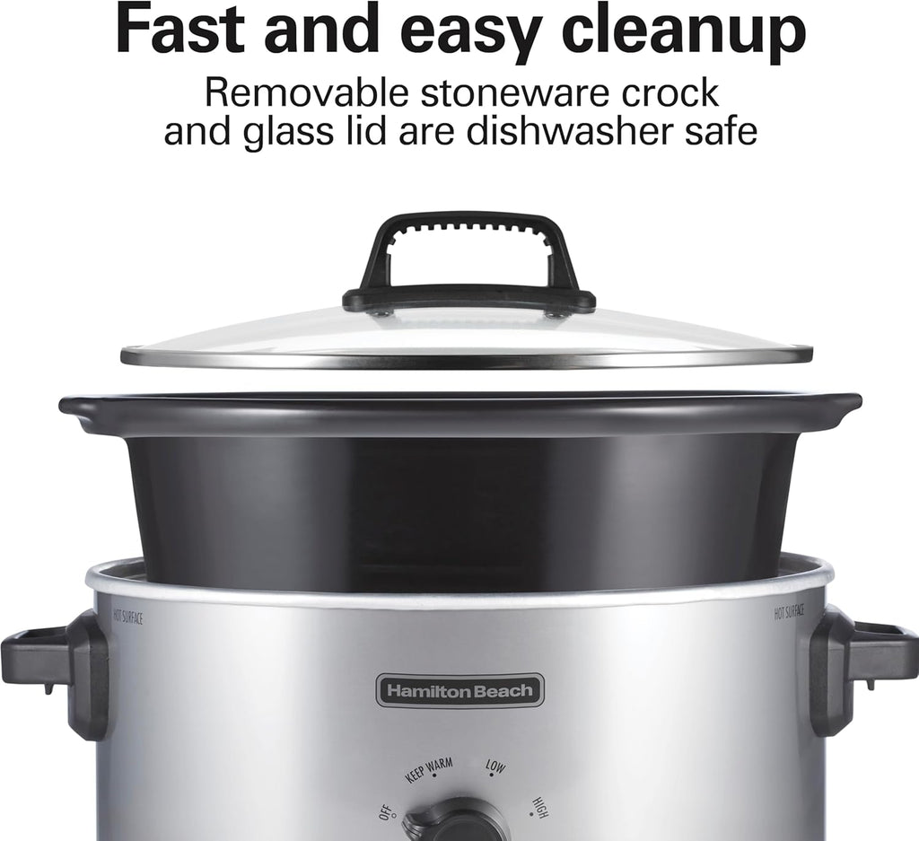 6-Quart Slow Cooker with 3 Cooking Settings, Dishwasher-Safe Stoneware Crock & Glass Lid, Silver (33665G)