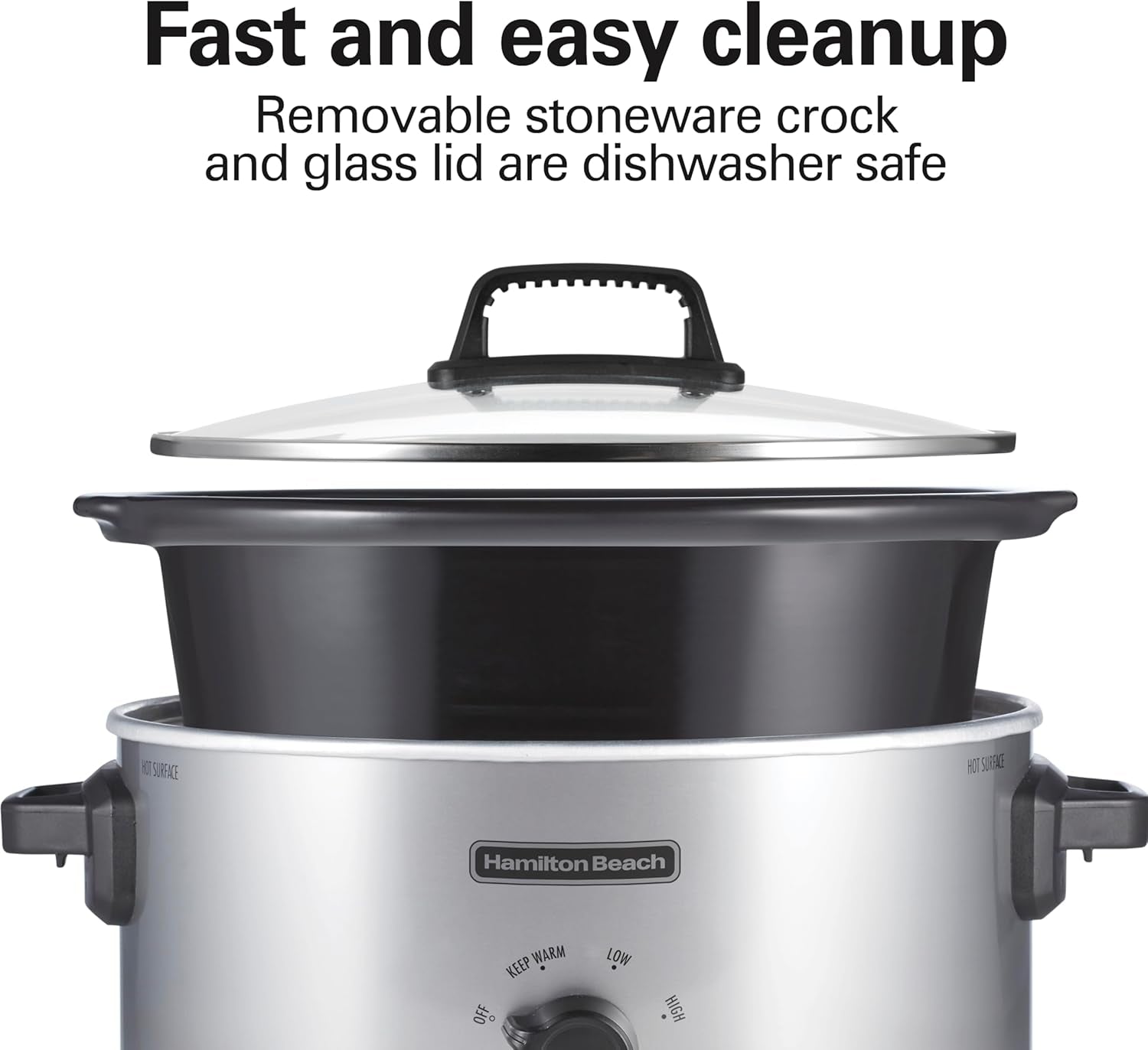 6-Quart Slow Cooker with 3 Cooking Settings, Dishwasher-Safe Stoneware Crock & Glass Lid, Silver (33665G)